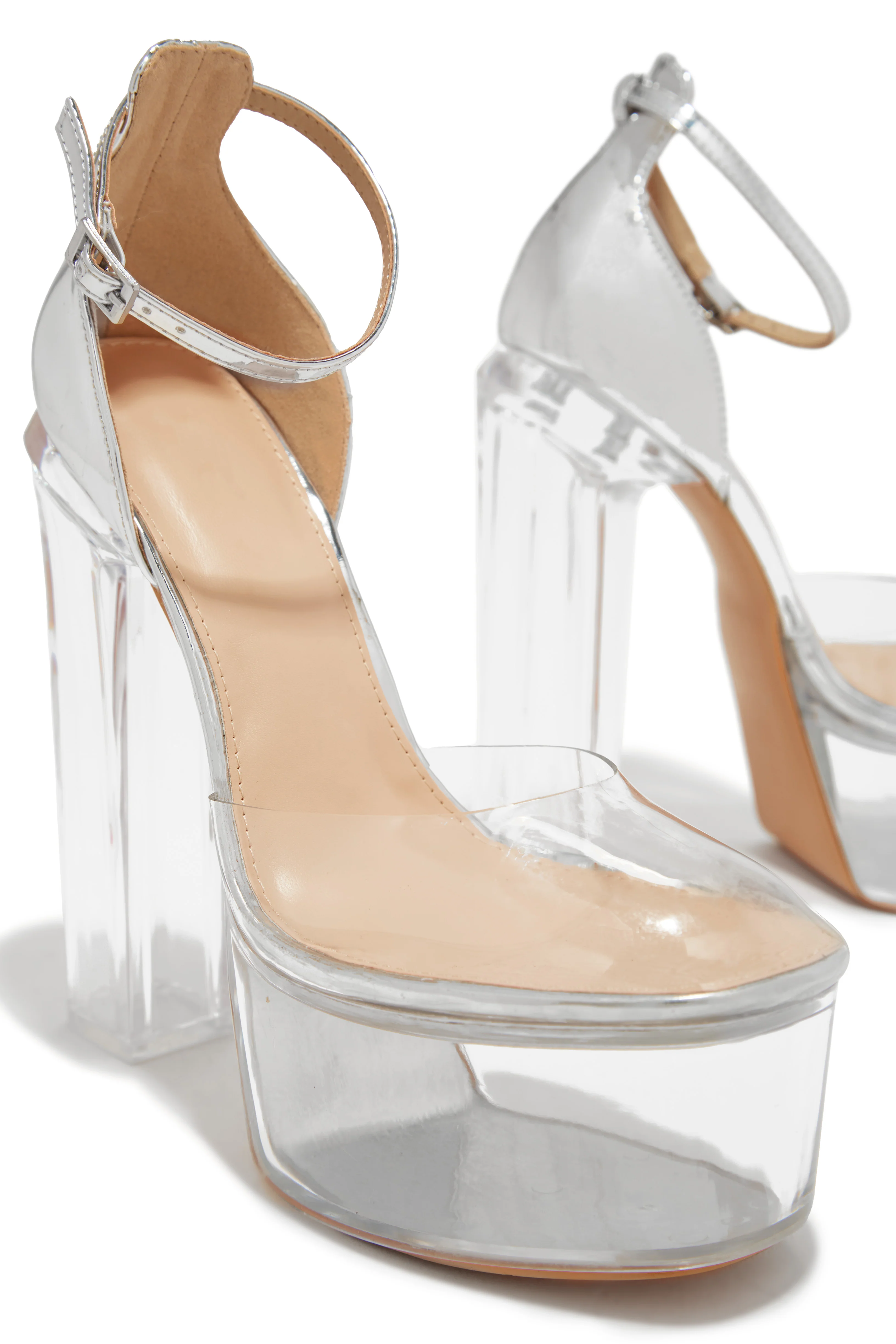 Adore Me Ankle Strap Platform Block High Heels - Silver - Image 3