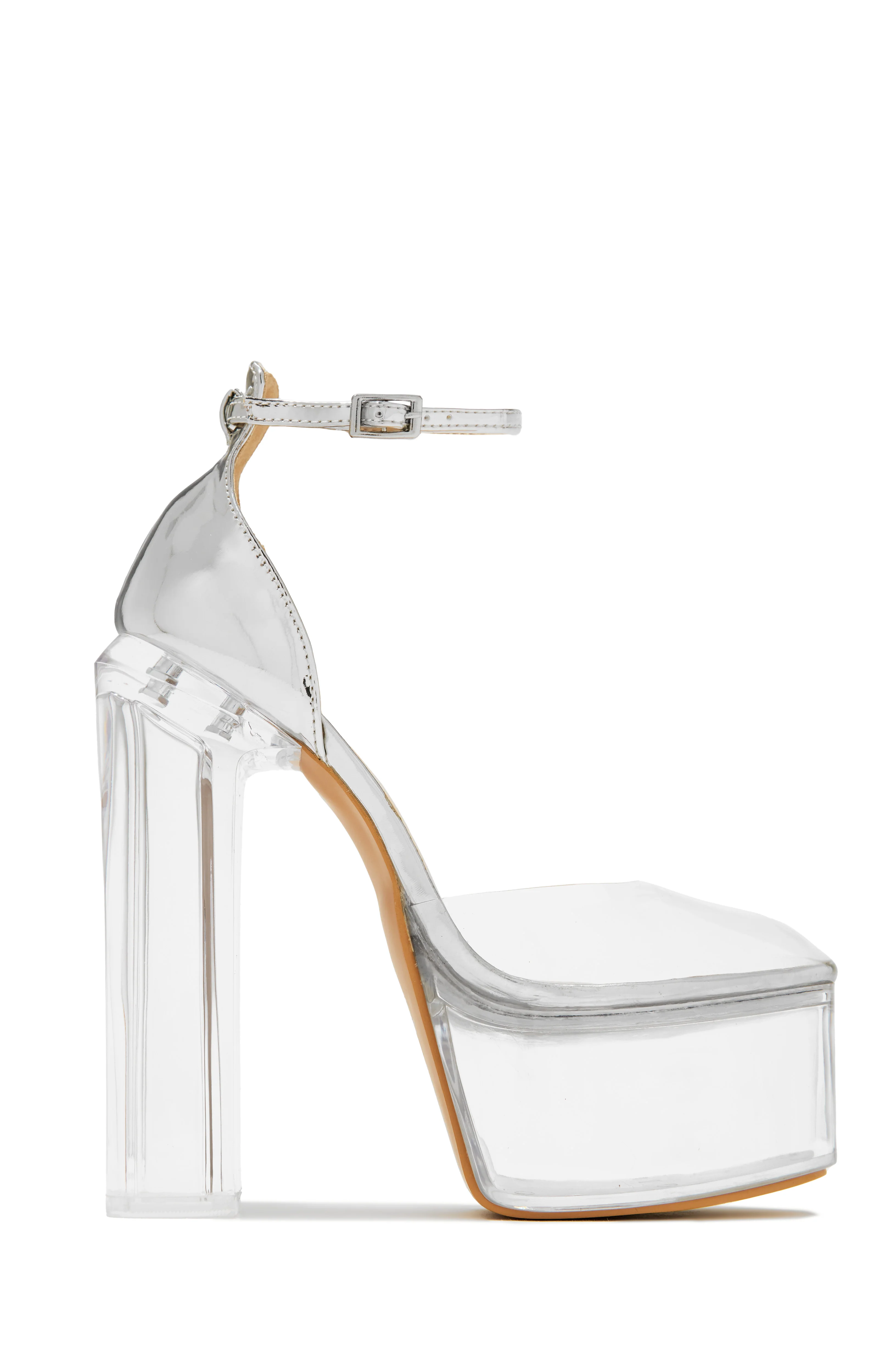 Adore Me Ankle Strap Platform Block High Heels - Silver - Image 5