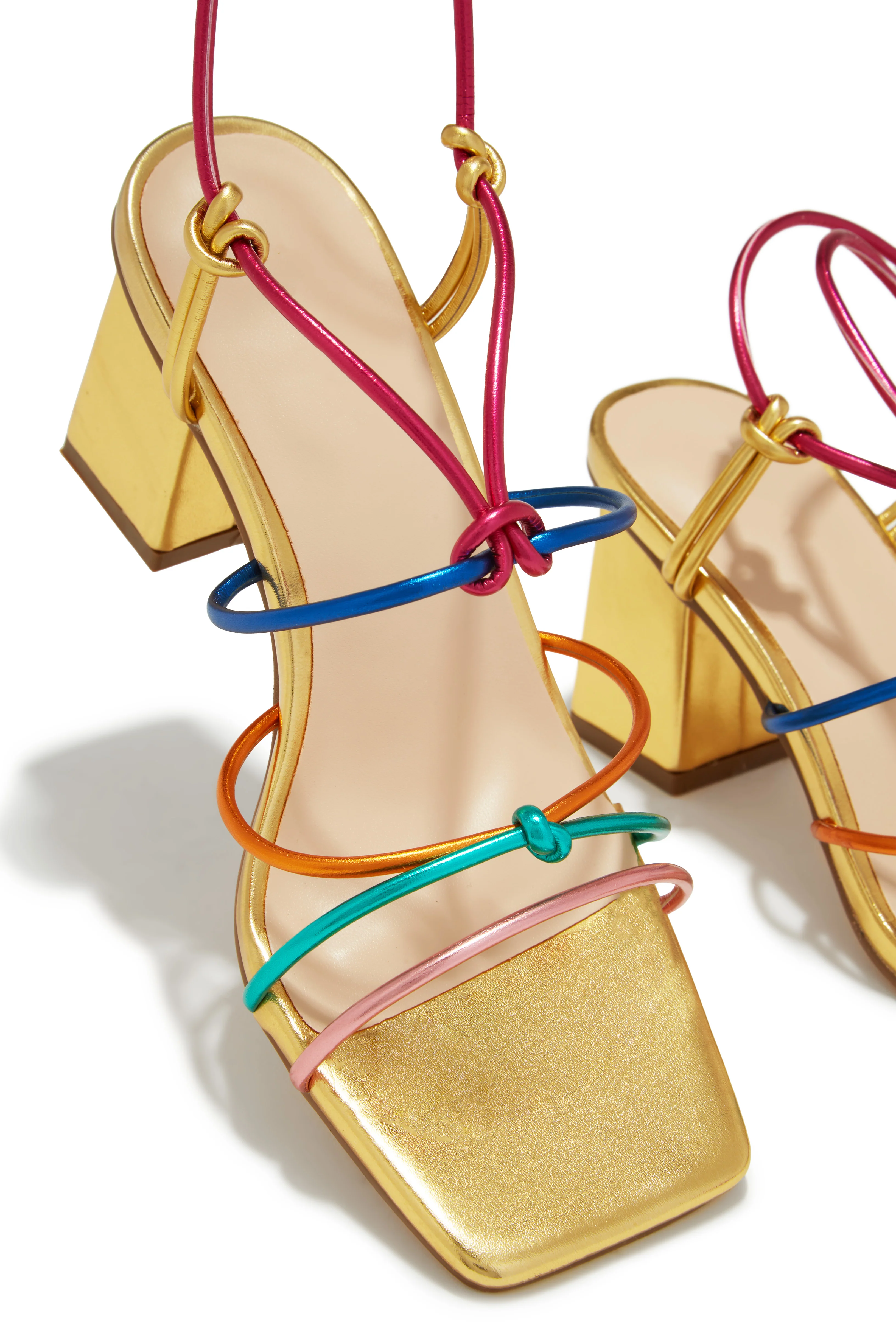 Cayla Lace Up Block Mid Heels - Gold Multi - Image 3