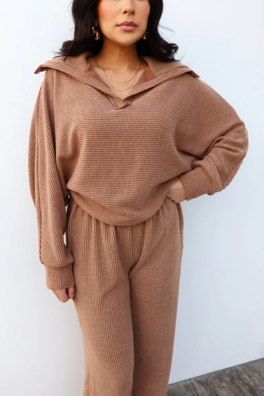 Sami Collared Neck Long Sleeve Sweater Top - Latte - Image 5