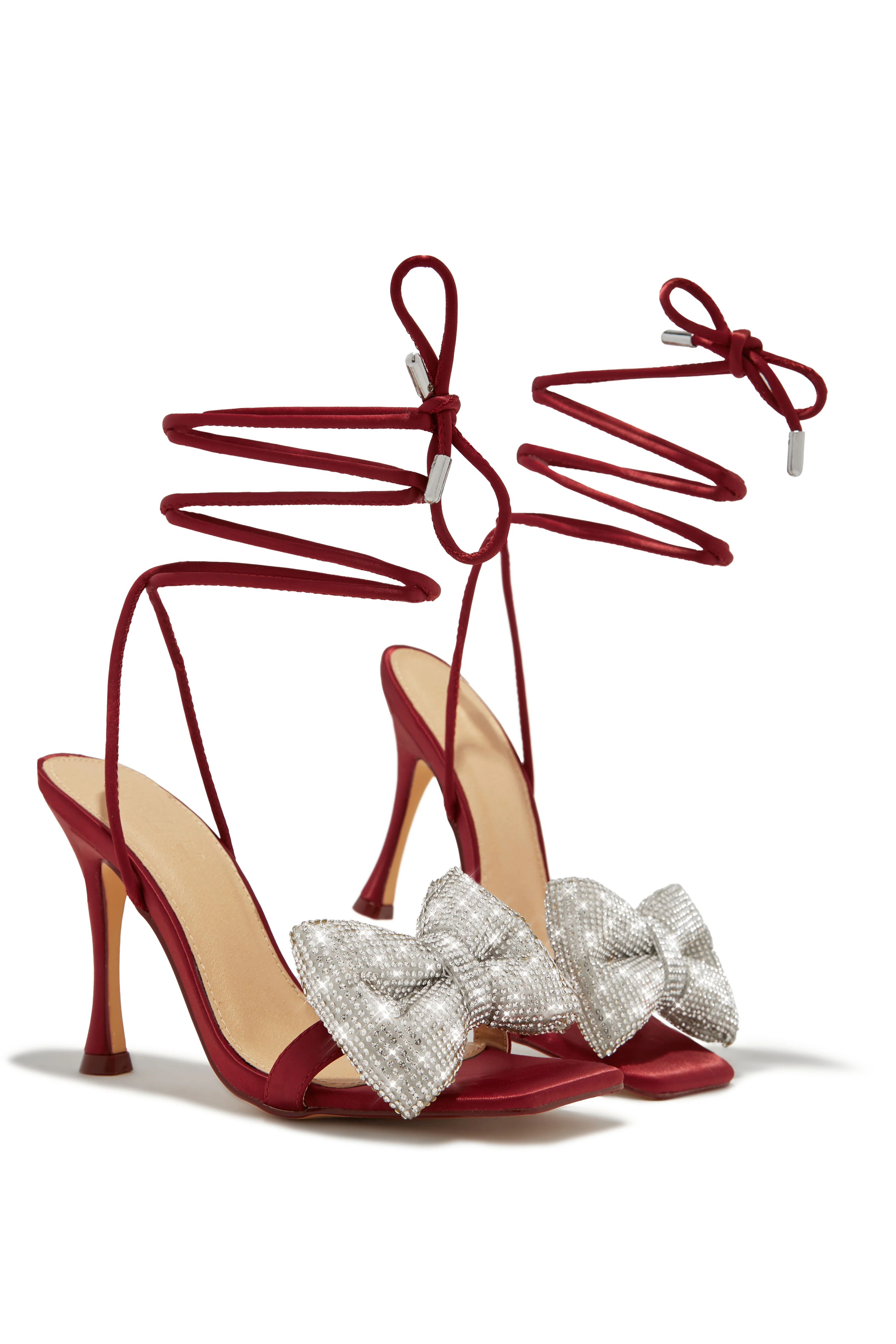 Ciela Lace Up Embellished Bow Heels - Wine - Image 4