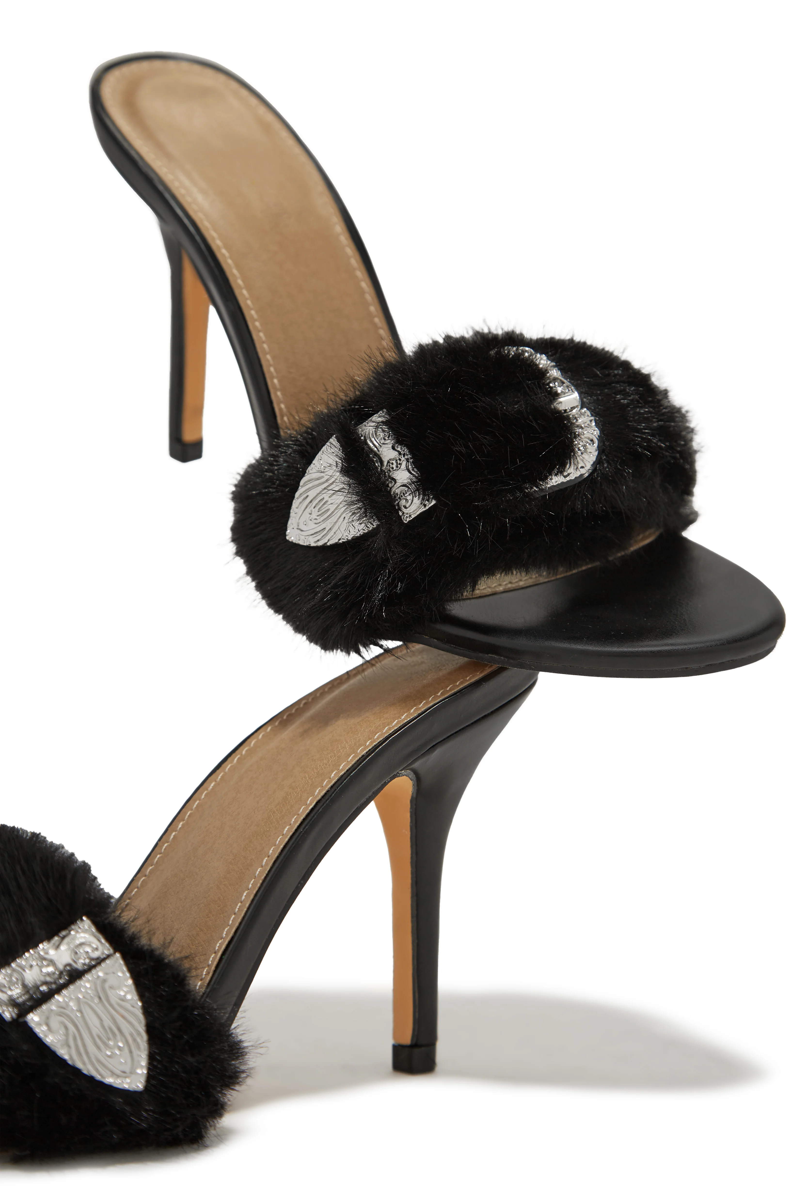 Cold Heart Faux Fur Strap High Heel Mules - Black - Image 2