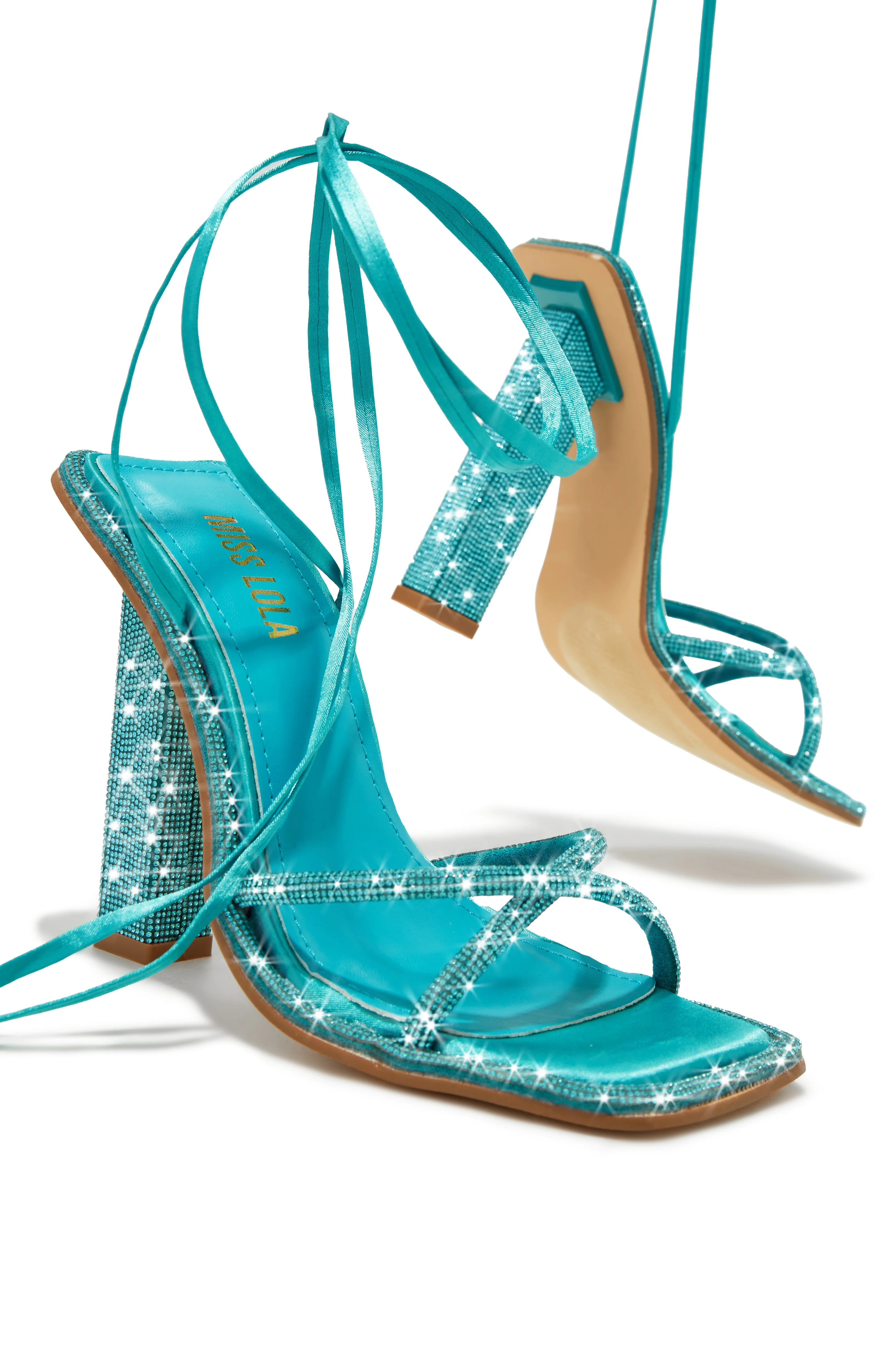 Crystal Embellished Lace Up High Heels - Aqua - Image 3