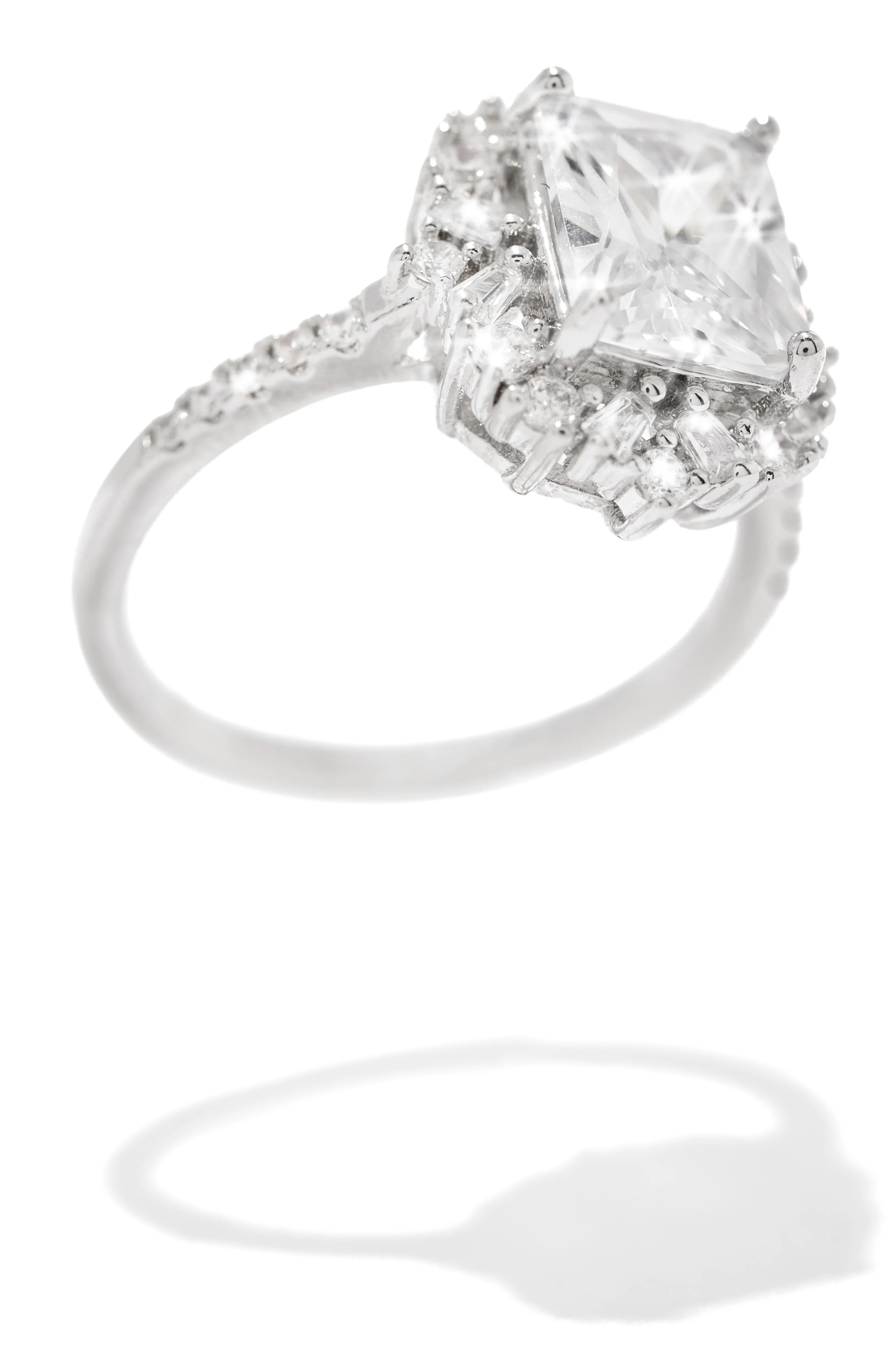 Diamante Rhodium Plated CZ Square Ring - Silver - Image 2