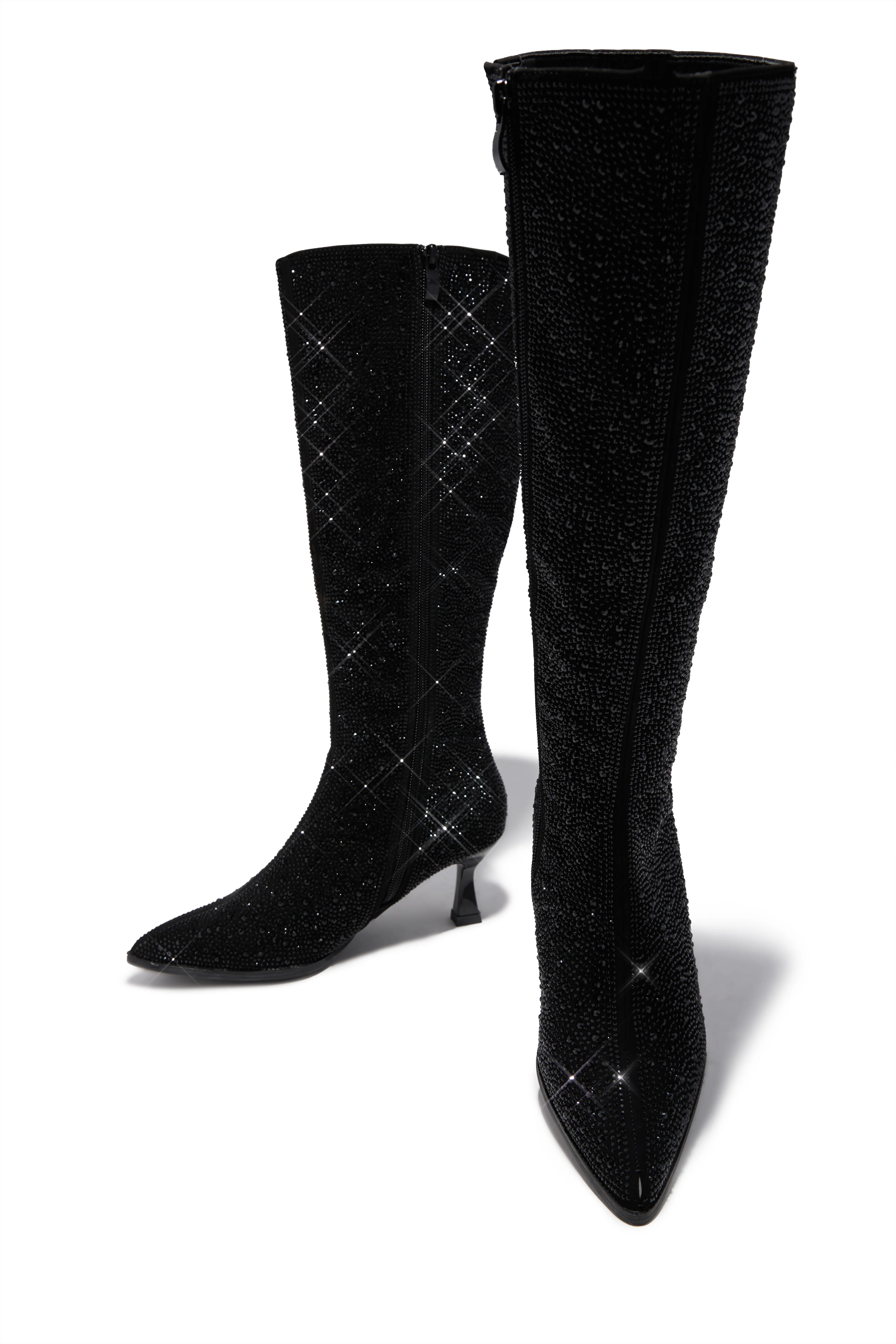 Elvia Embellished Kitten Heel Boots - Black - Image 4