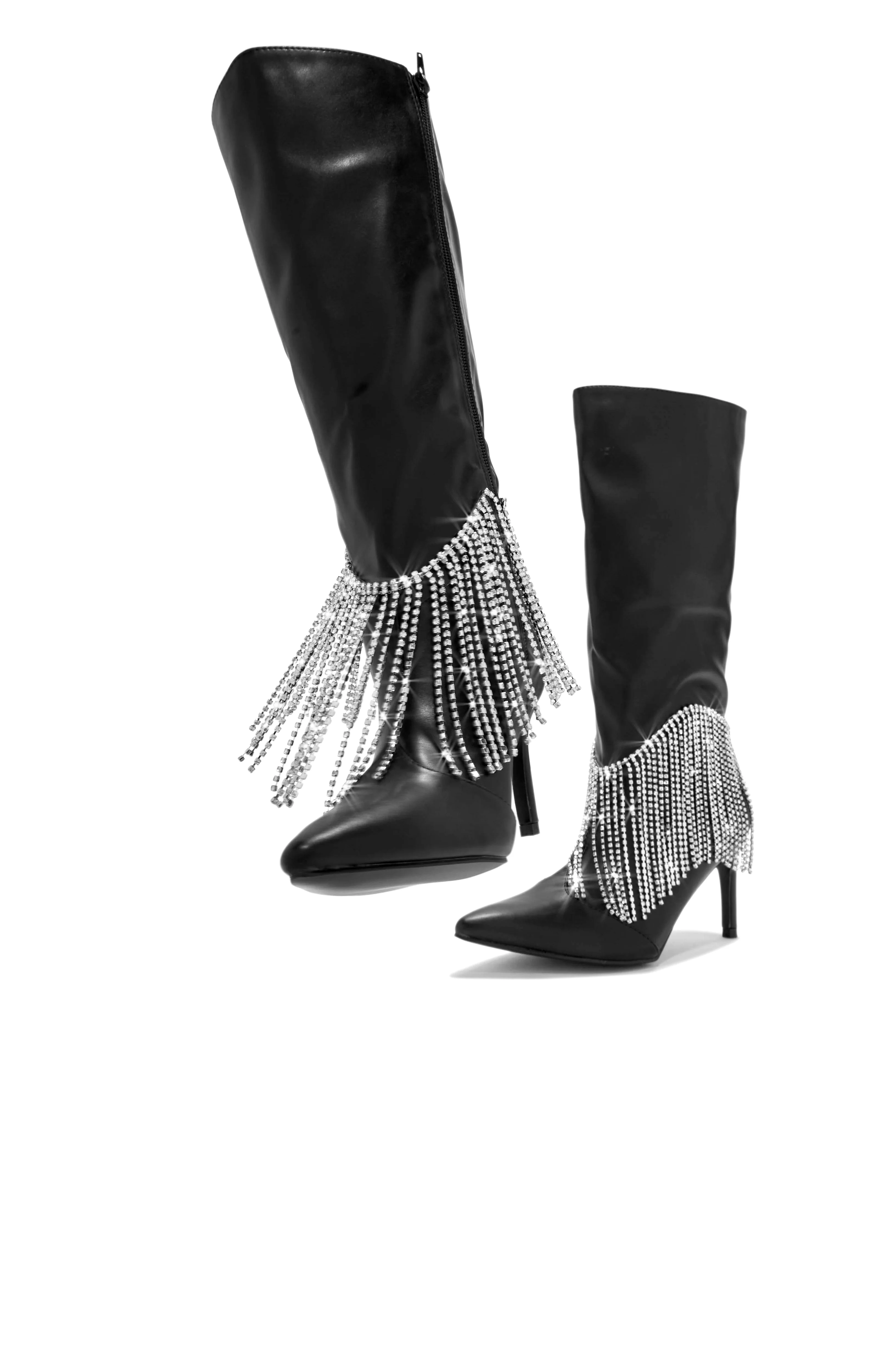 Faye Embellished Fringe Knee High Boots - Black - Image 7