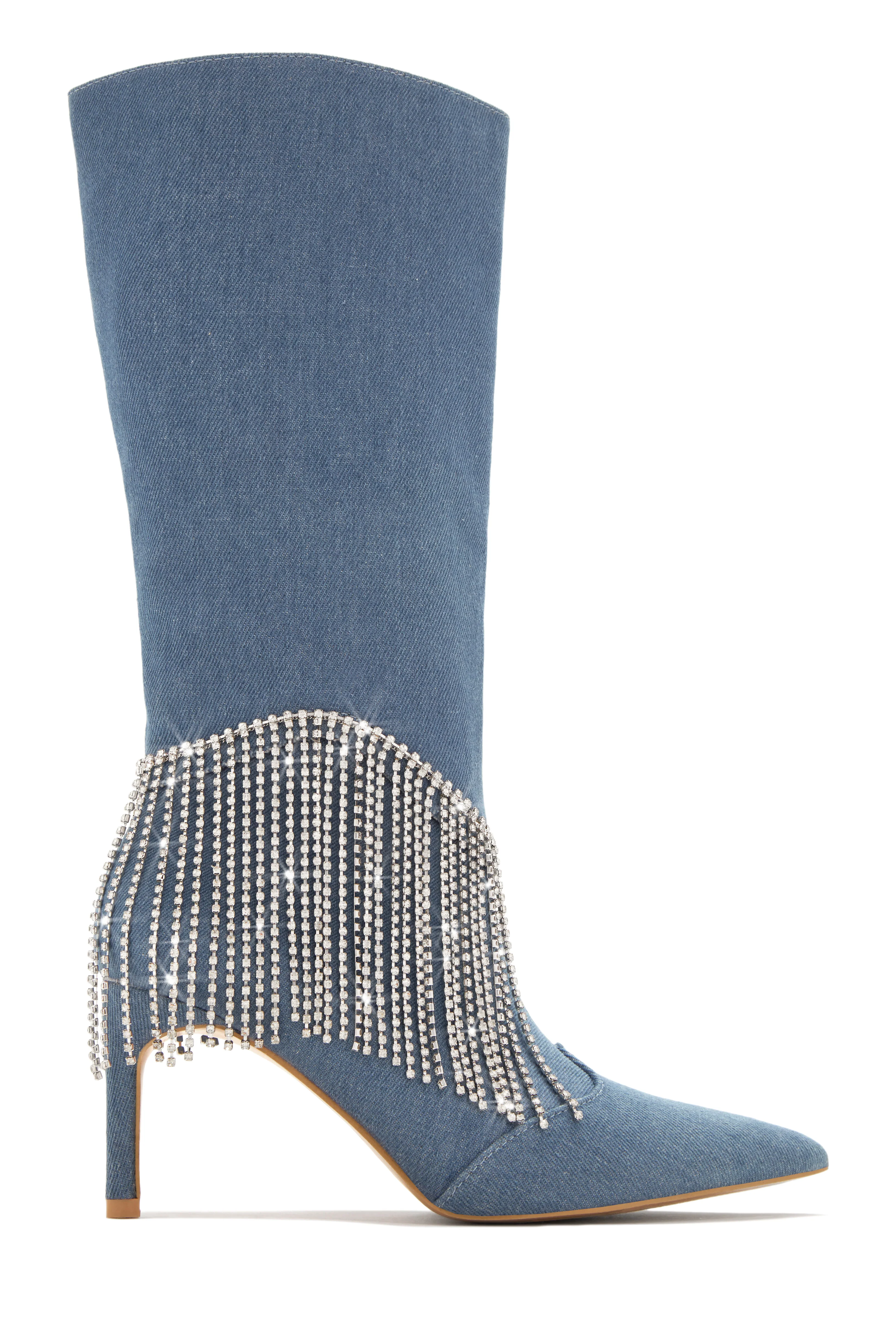 Faye Embellished Fringe Knee High Boots - Denim - Image 3