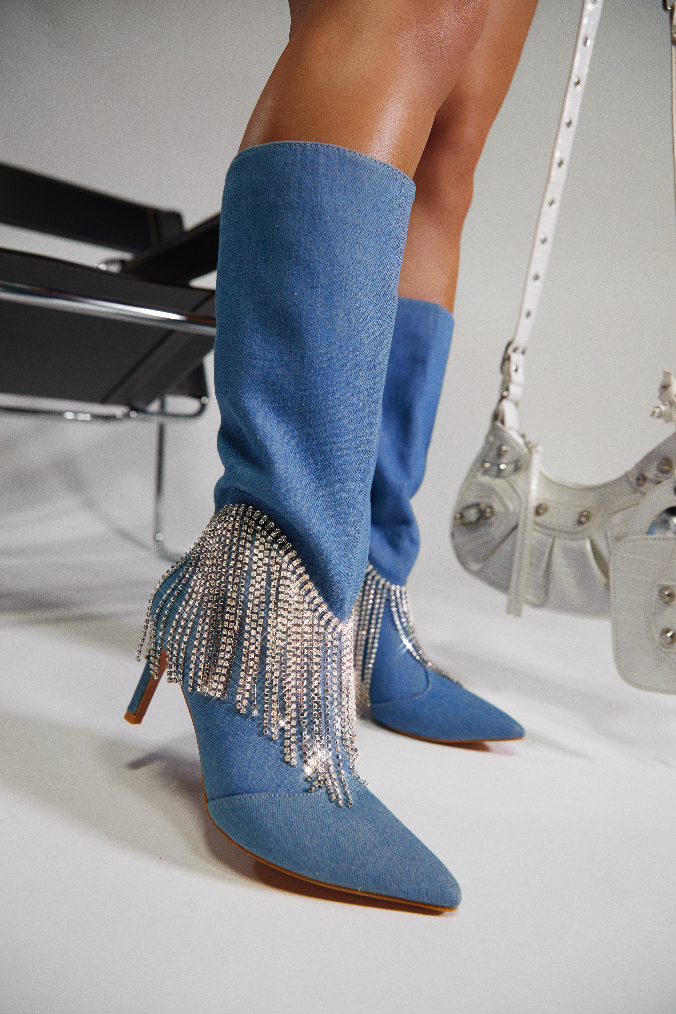 Faye Embellished Fringe Knee High Boots - Denim - Image 8