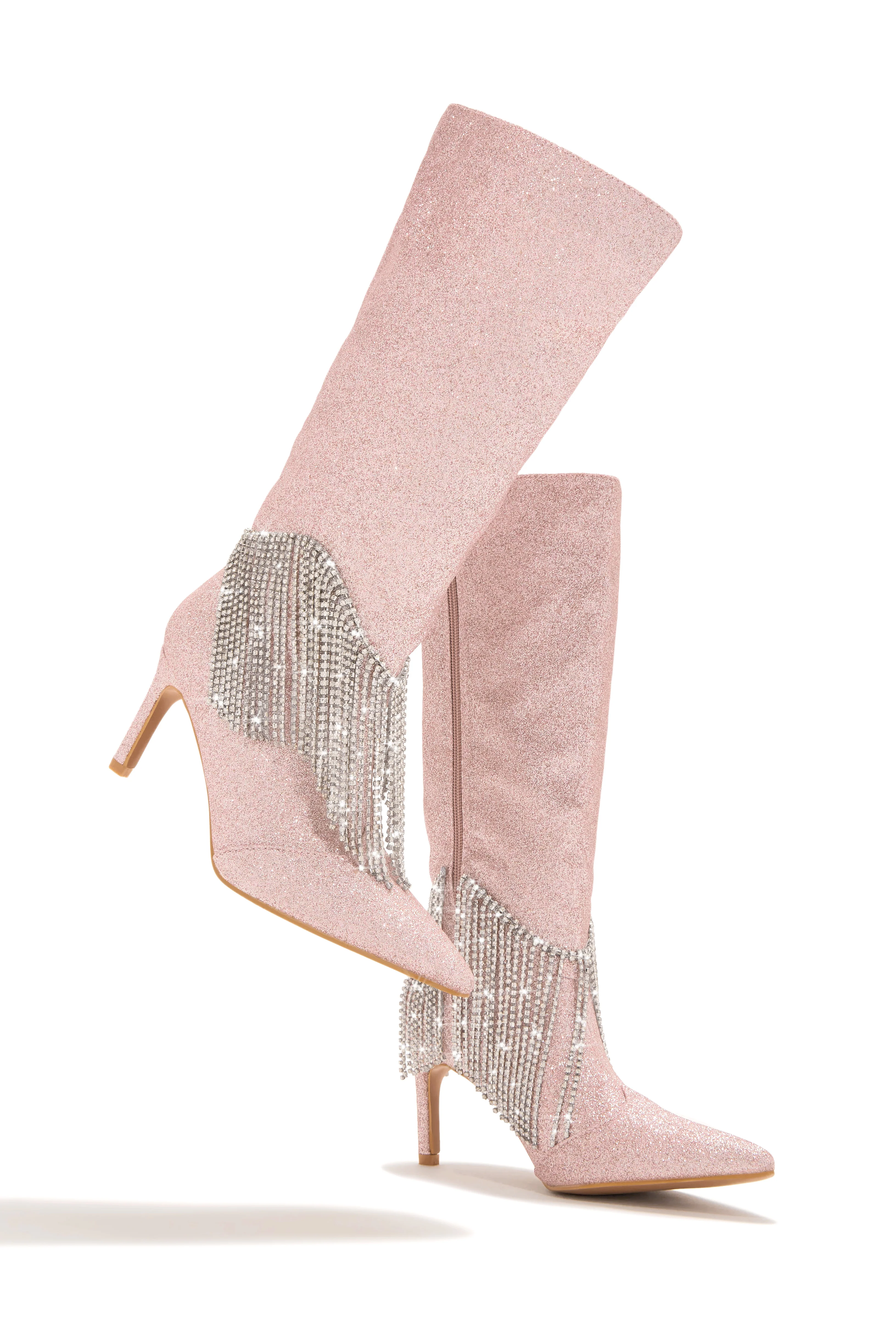 Faye Embellished Fringe Knee High Boots - Pink - Image 4