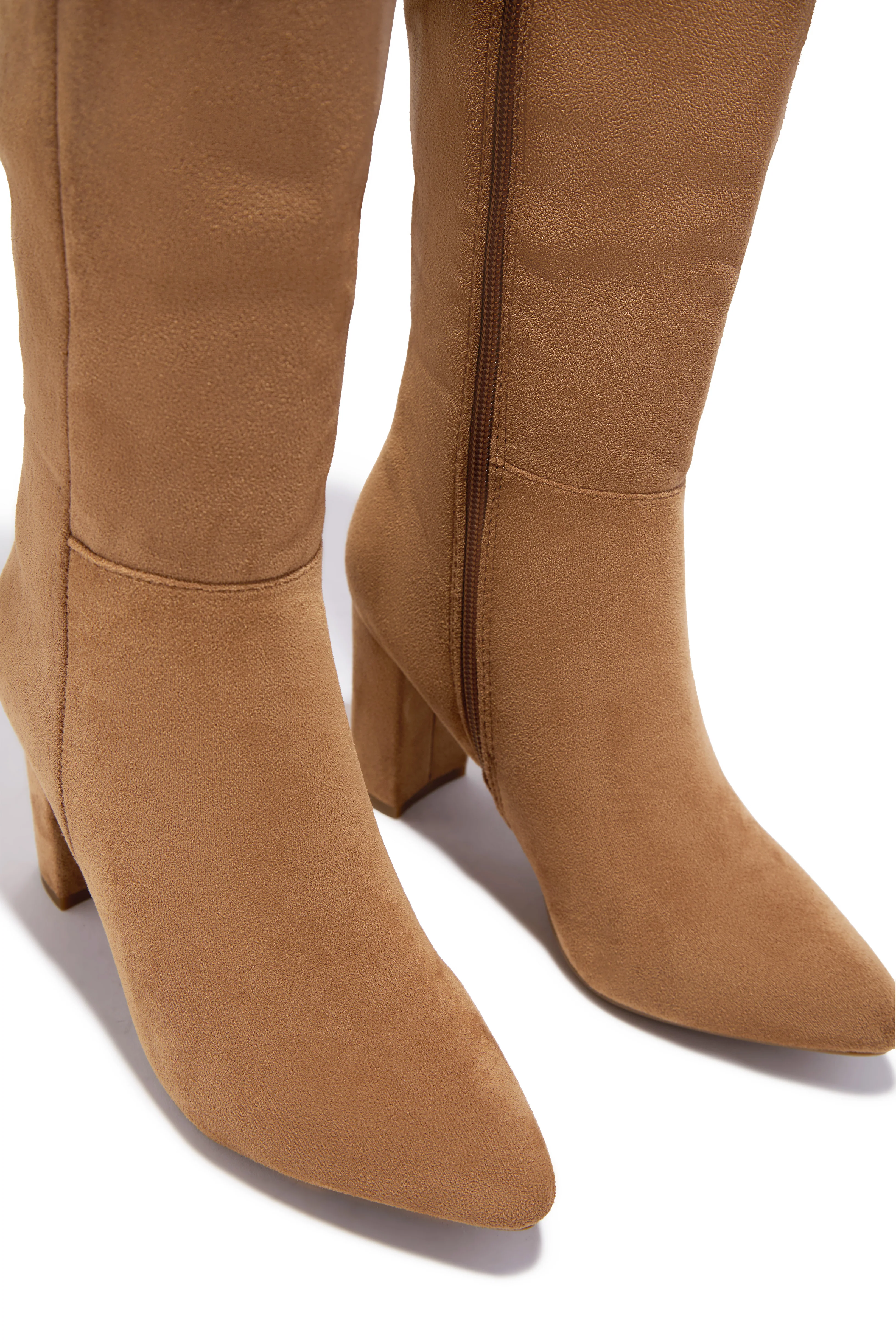 Fine Time Block Heel Knee High Boots - Camel Suede - Image 2