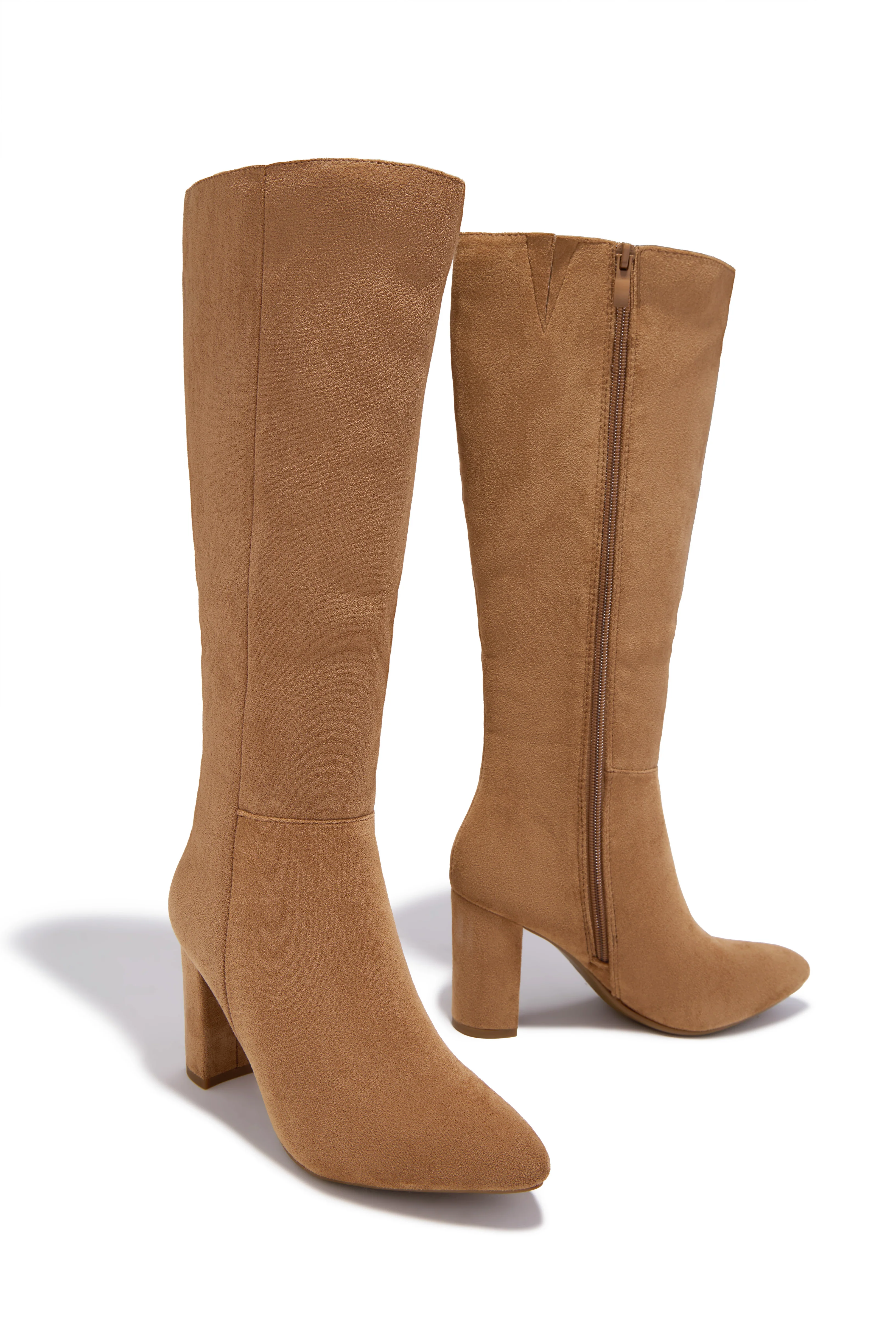 Fine Time Block Heel Knee High Boots - Camel Suede - Image 3