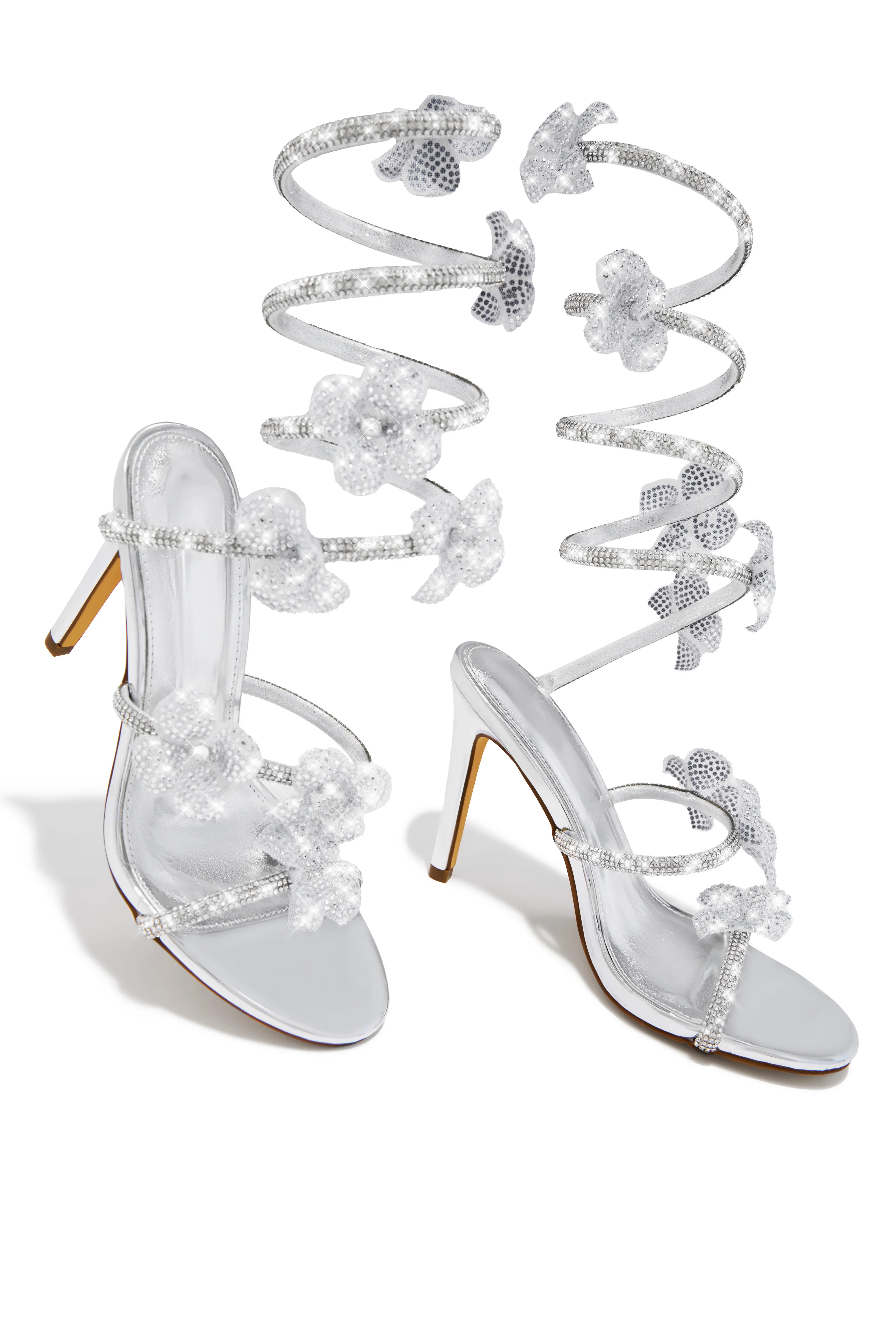 Flora Embellished Around The Ankle Coil Heels - Silver - Image 4