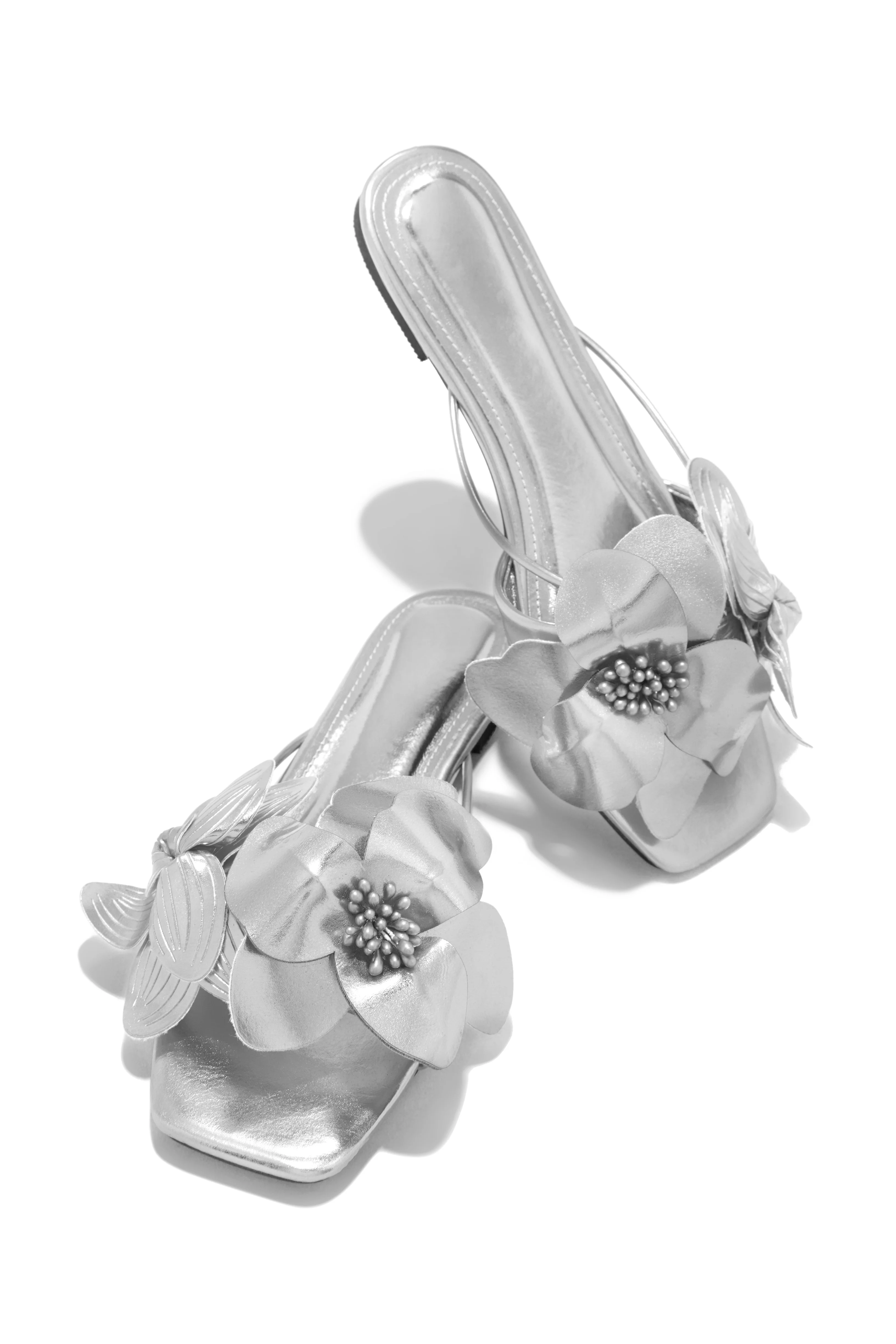 Golden Hour Floral Detail Slip On Sandals - Silver - Image 5