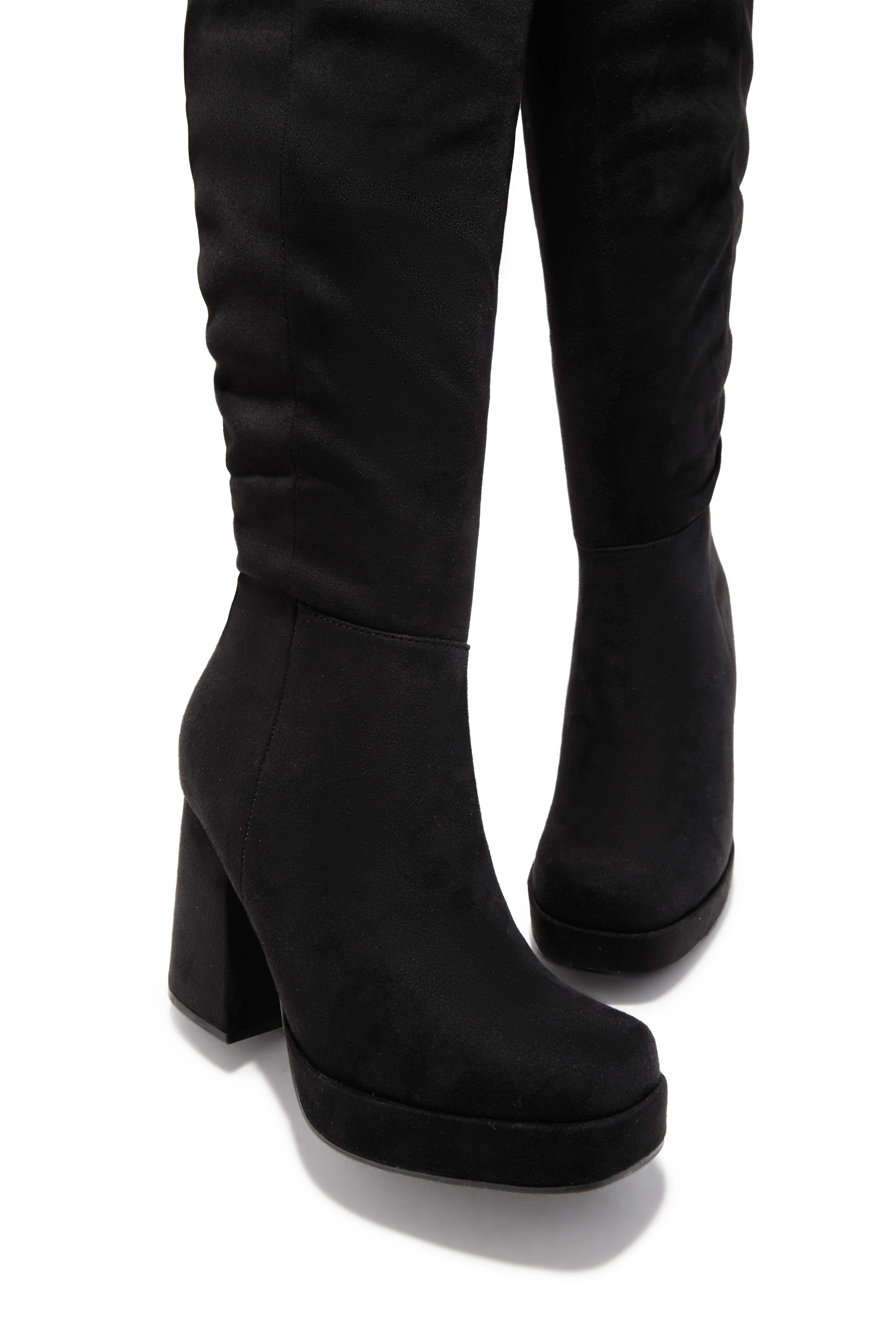 Hudson Platform Block Heel Boots - Black Suede - Image 2