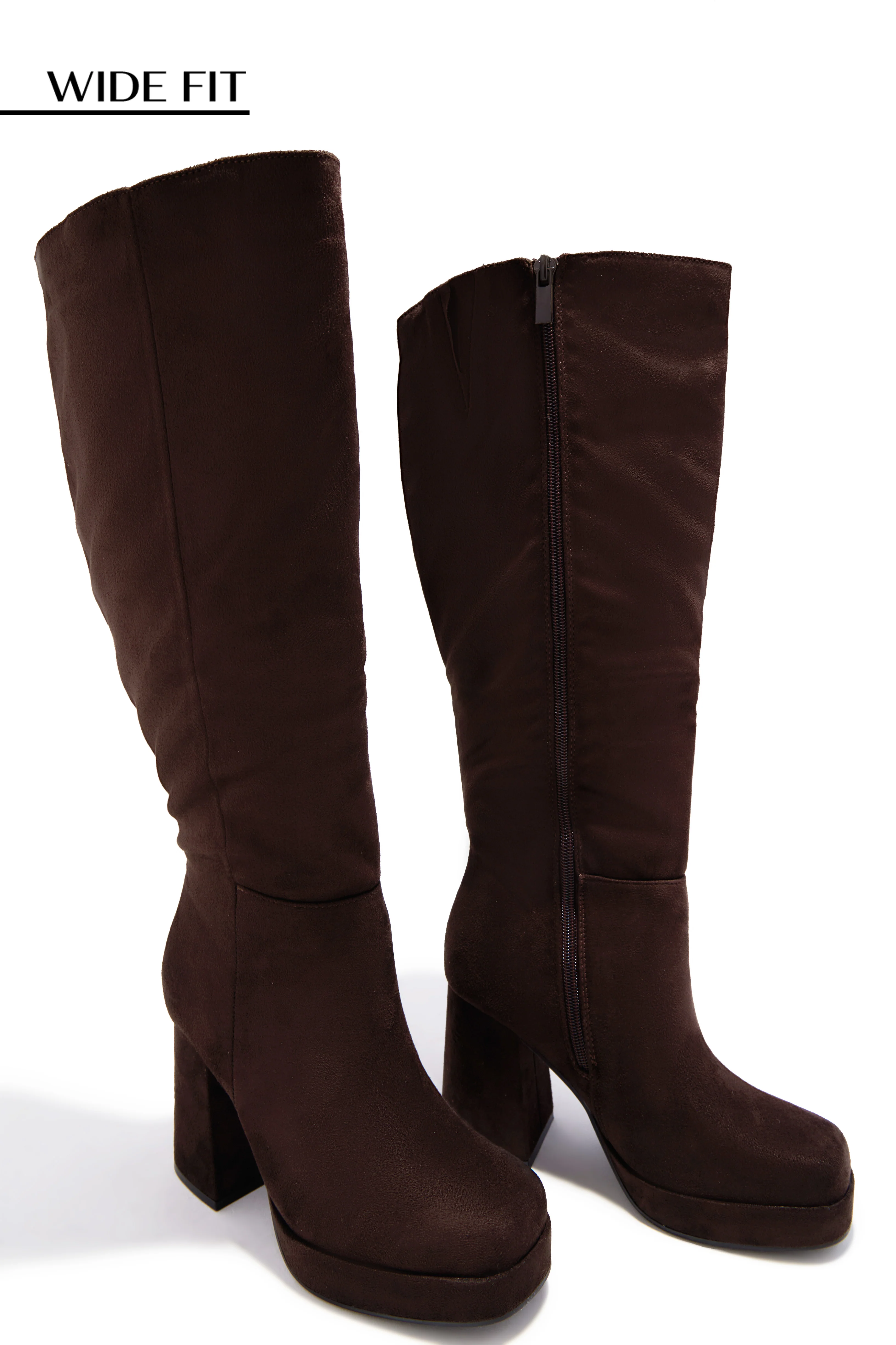 Hudson Wide Fit Platform Block Heel Boots - Brown Suede - Image 3