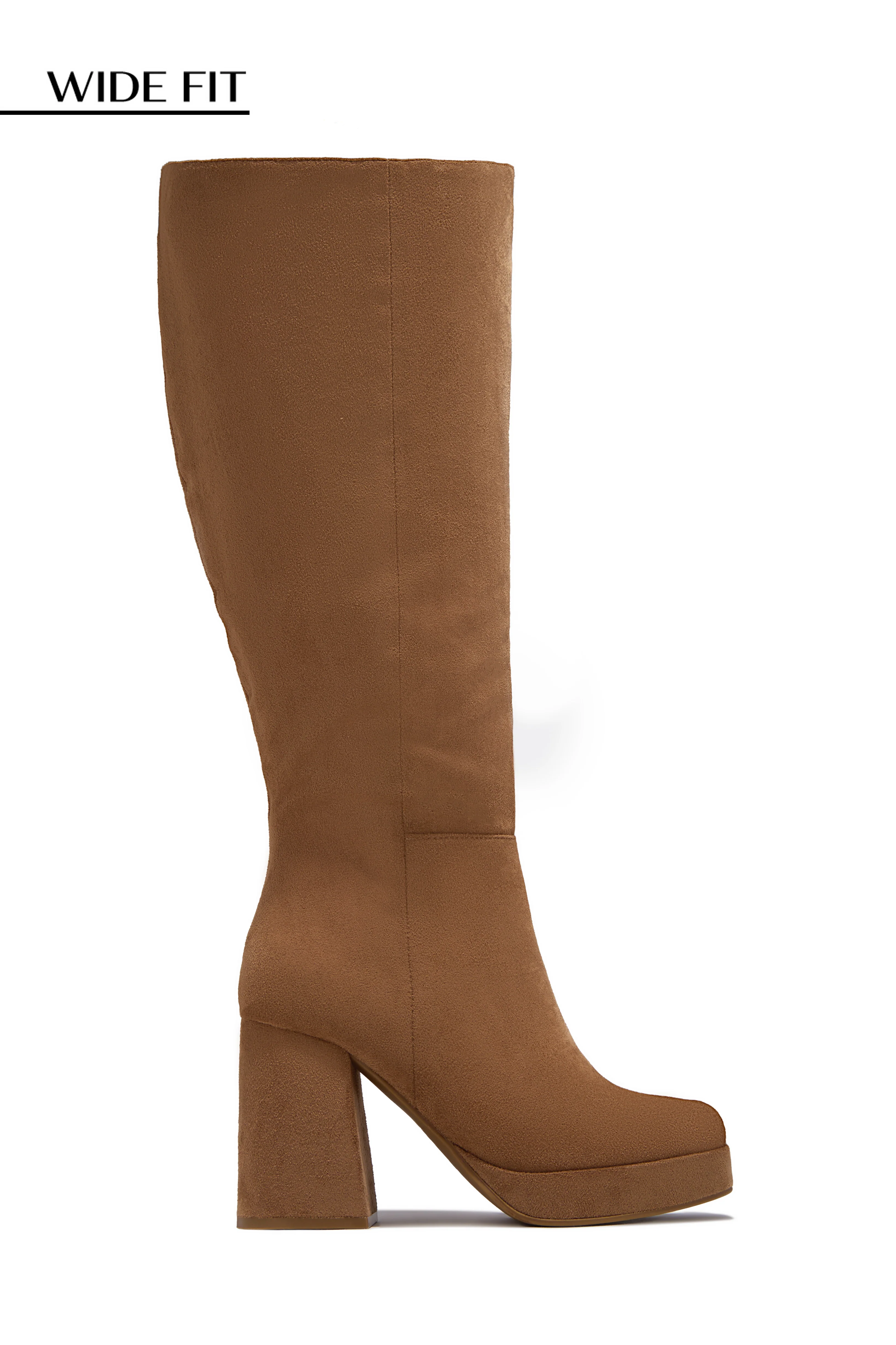 Hudson Wide Fit Platform Block Heel Boots - Camel Suede
