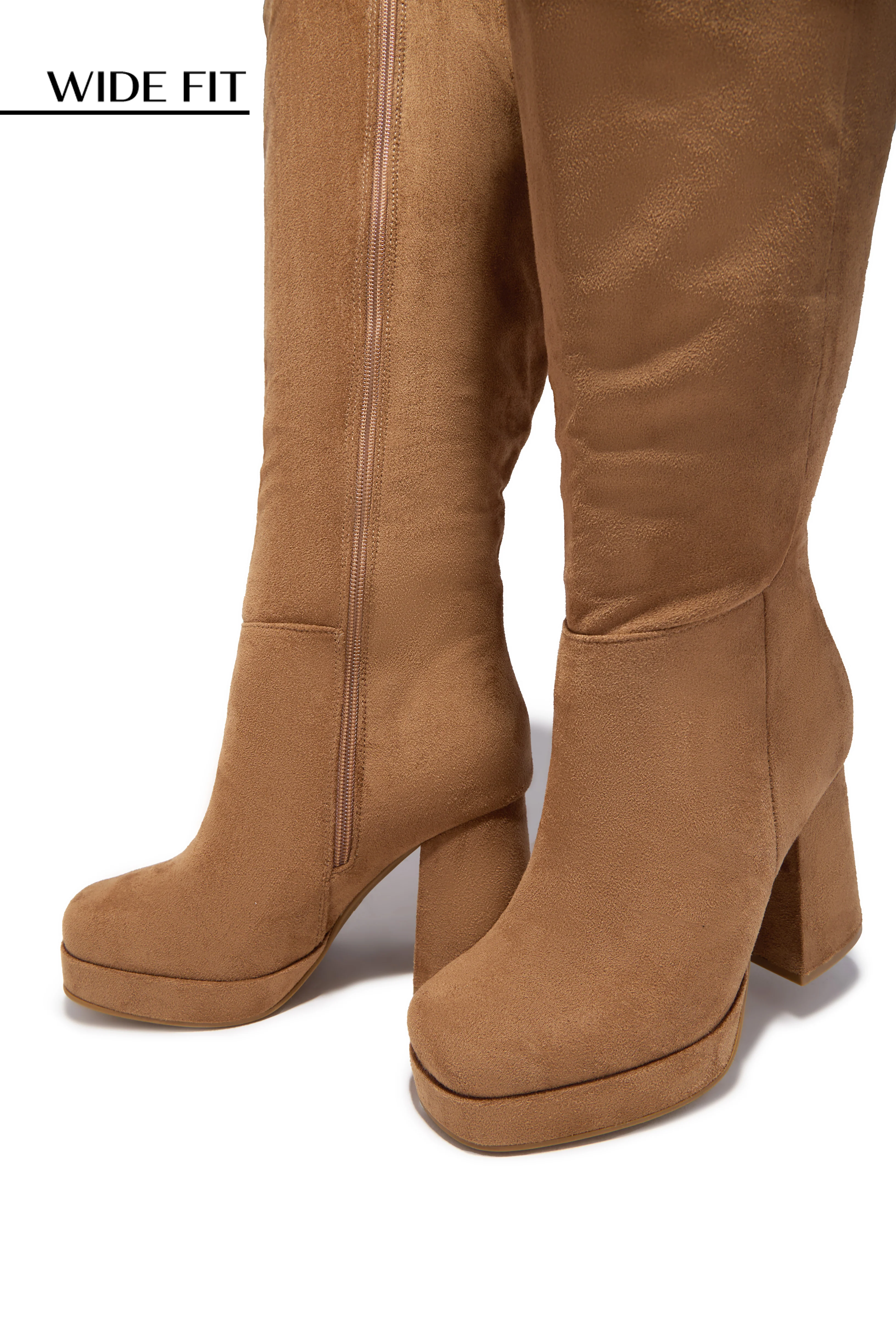 Hudson Wide Fit Platform Block Heel Boots - Camel Suede - Image 3