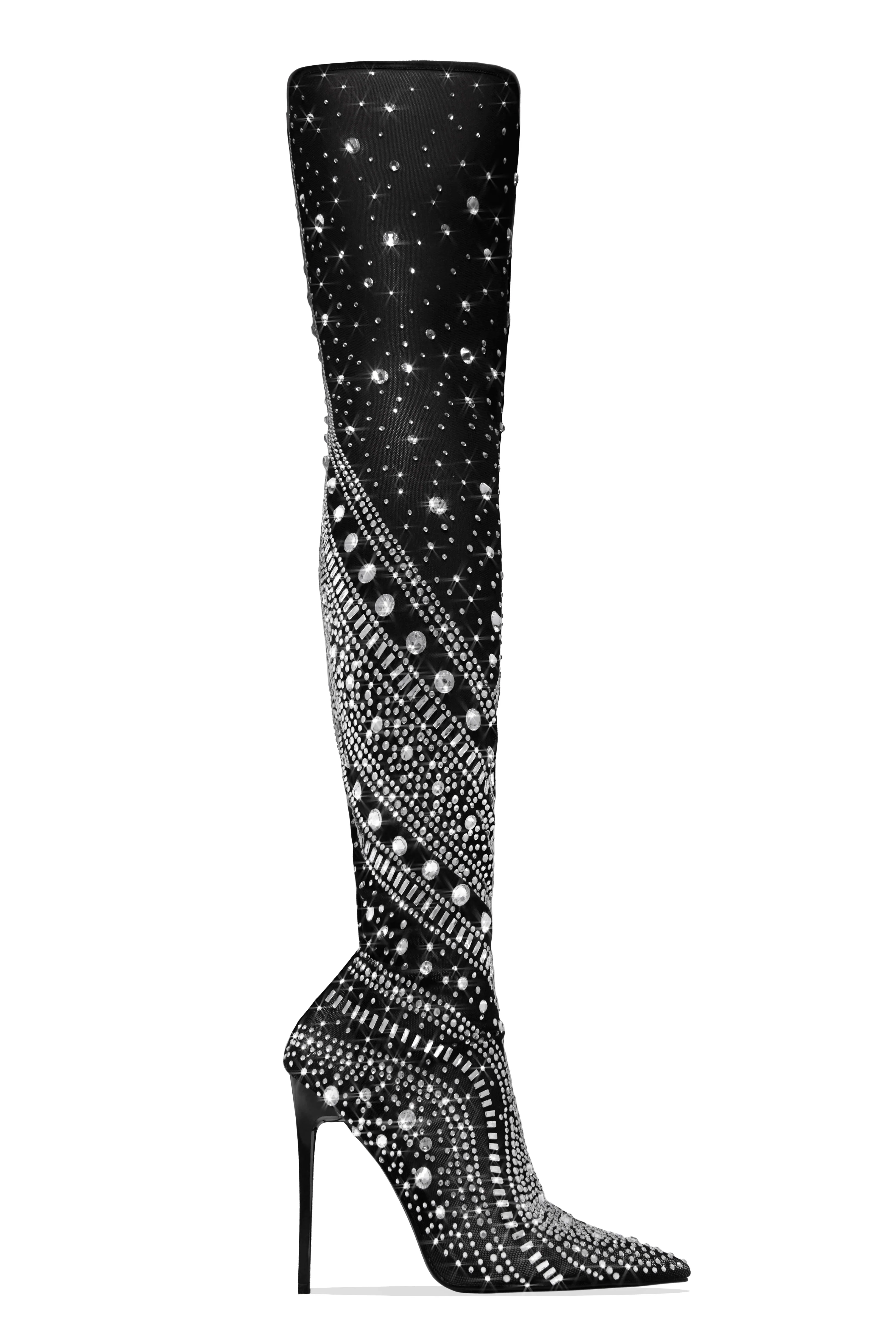 Jaw Dropping Embellished Over The Knee Boots - Nude - Image 3