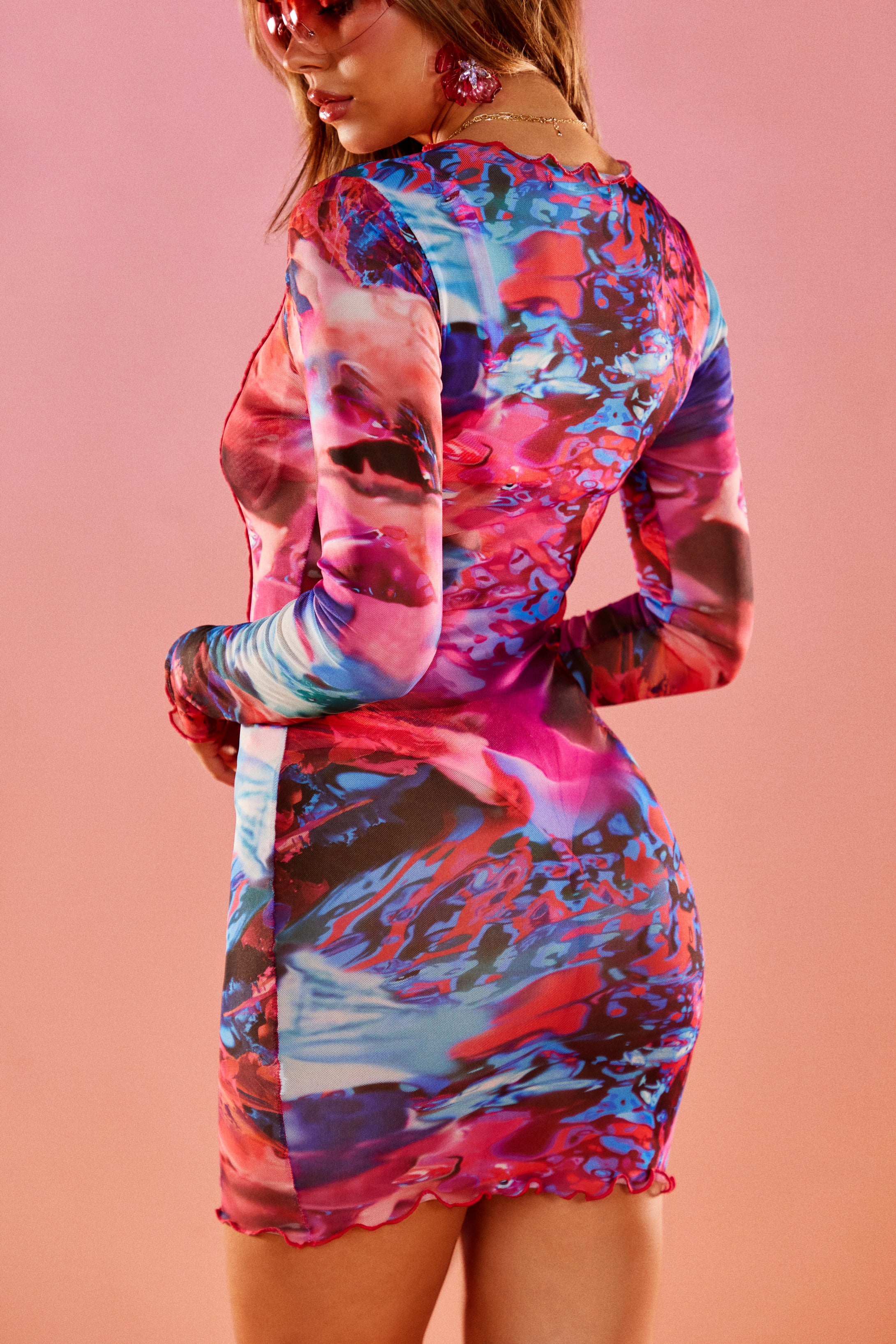Kaila Mesh Mini Dress Cover Up- Pink Print - Image 9