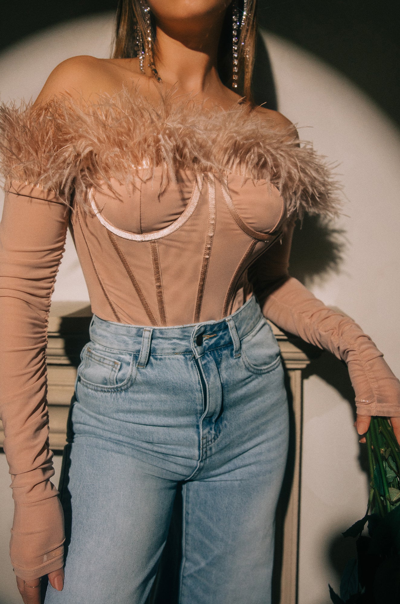 Love Attitude Off The Shoulder Faux Feather Long Sleeve Bodysuit - Nude - Image 10