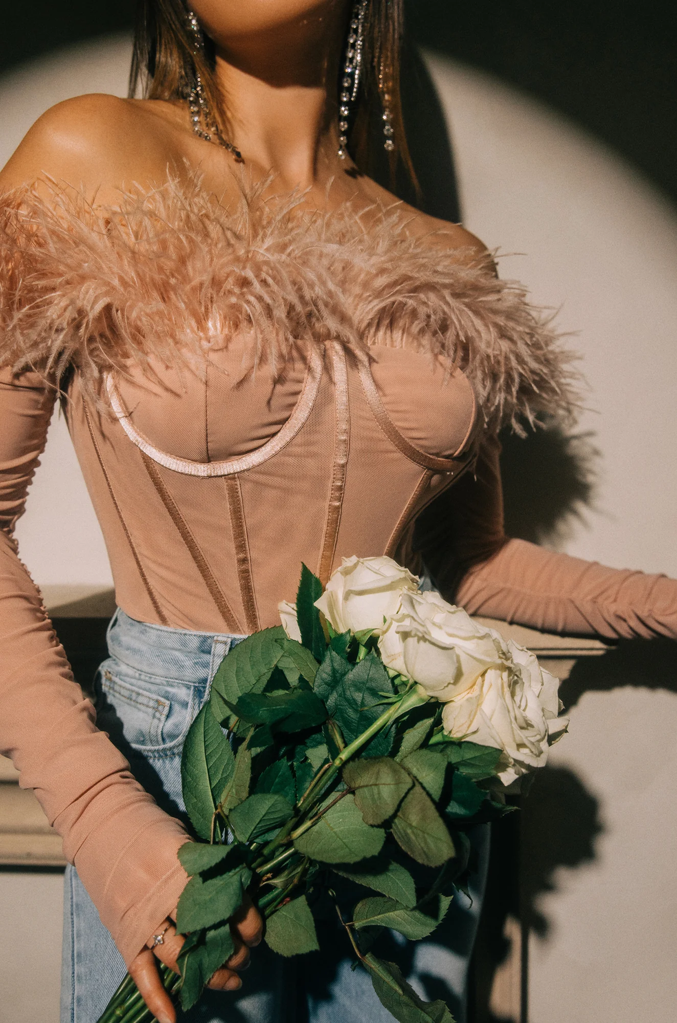 Love Attitude Off The Shoulder Faux Feather Long Sleeve Bodysuit - Nude - Image 11