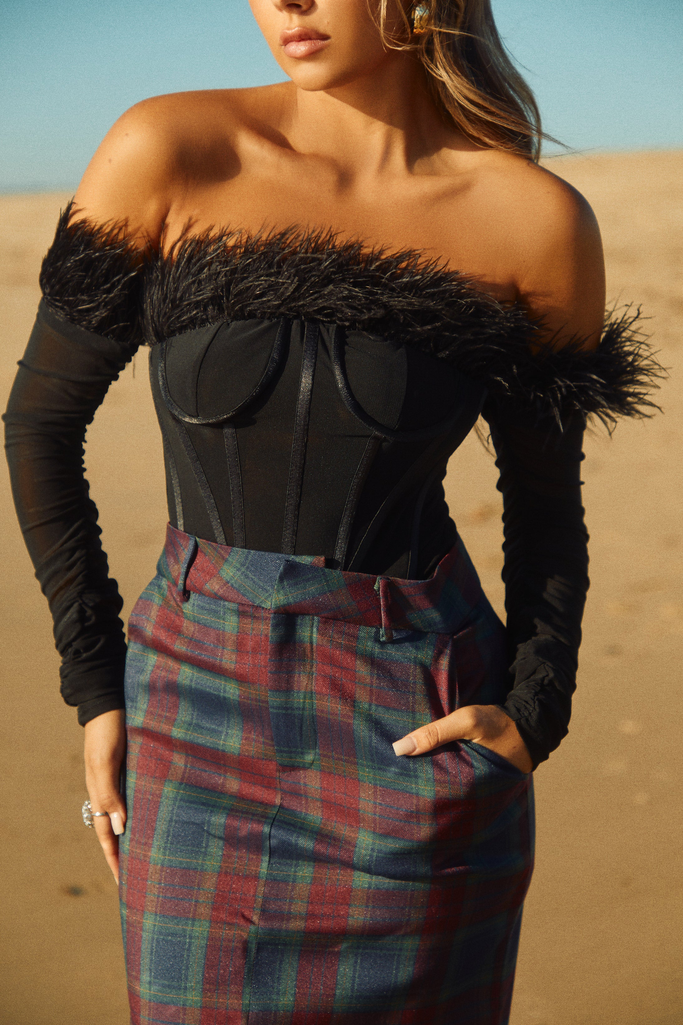 Love Attitude Off The Shoulder Faux Feather Long Sleeve Bodysuit - Nude - Image 14