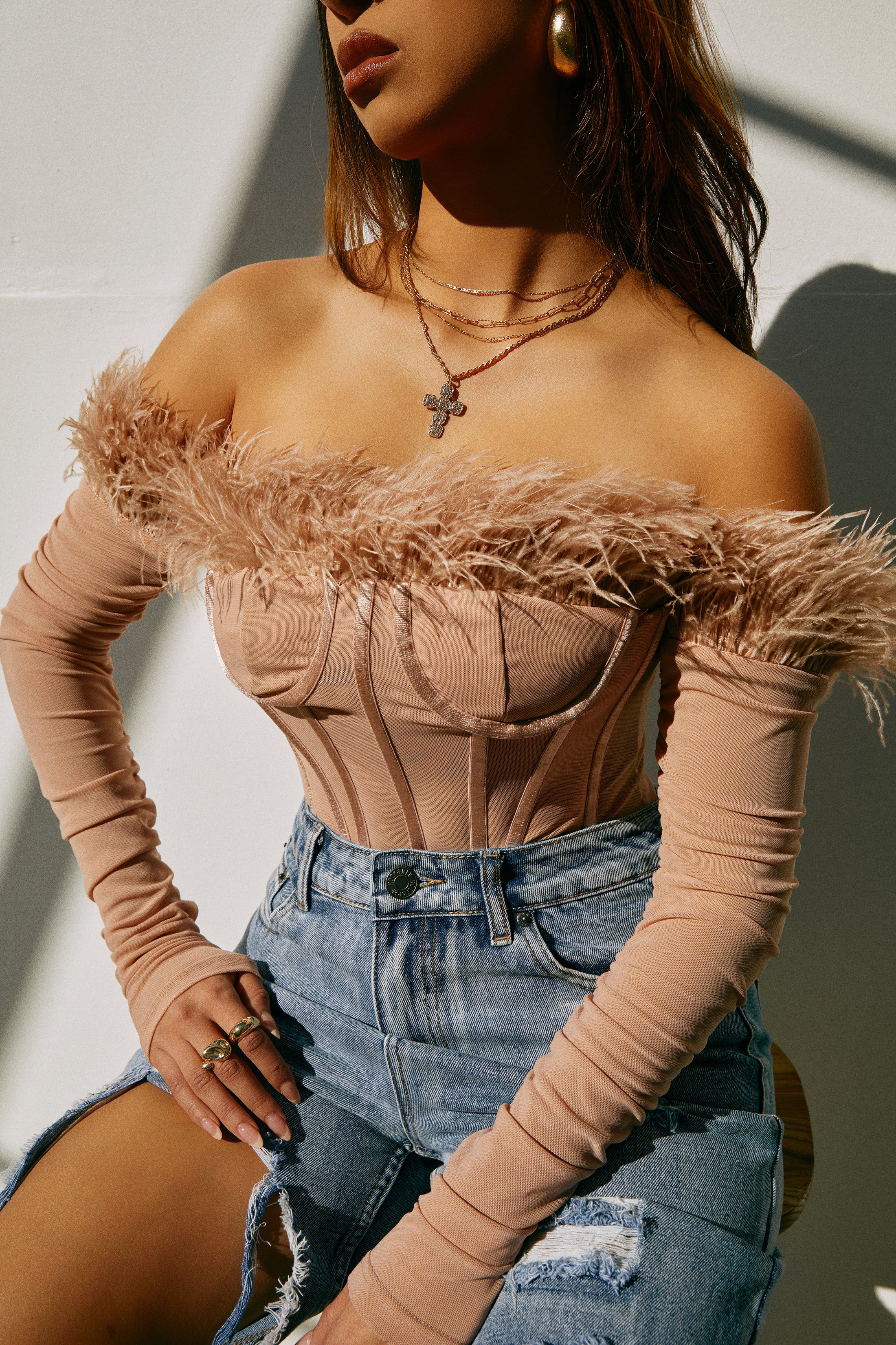 Love Attitude Off The Shoulder Faux Feather Long Sleeve Bodysuit - Nude - Image 3
