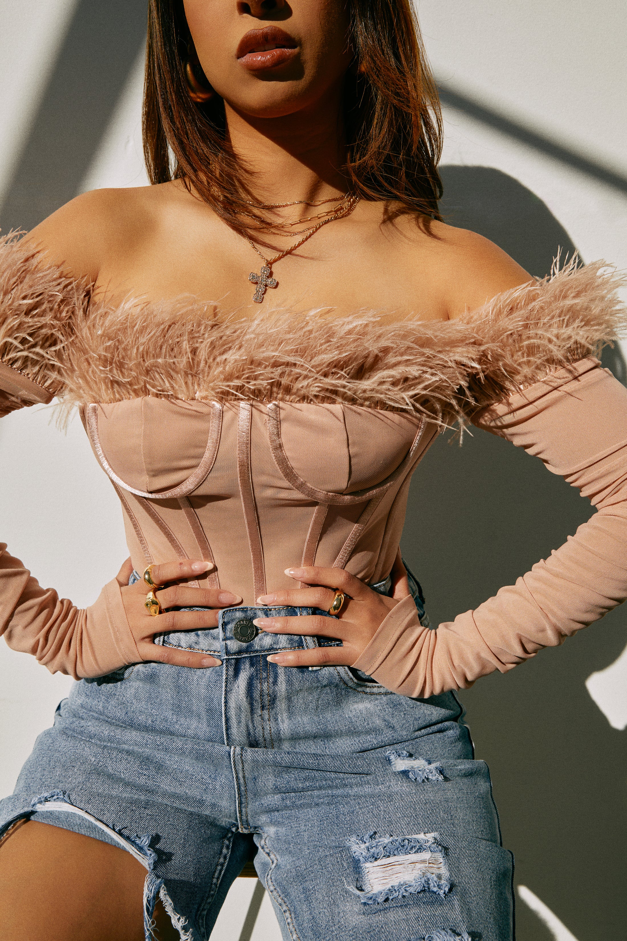 Love Attitude Off The Shoulder Faux Feather Long Sleeve Bodysuit - Nude - Image 4