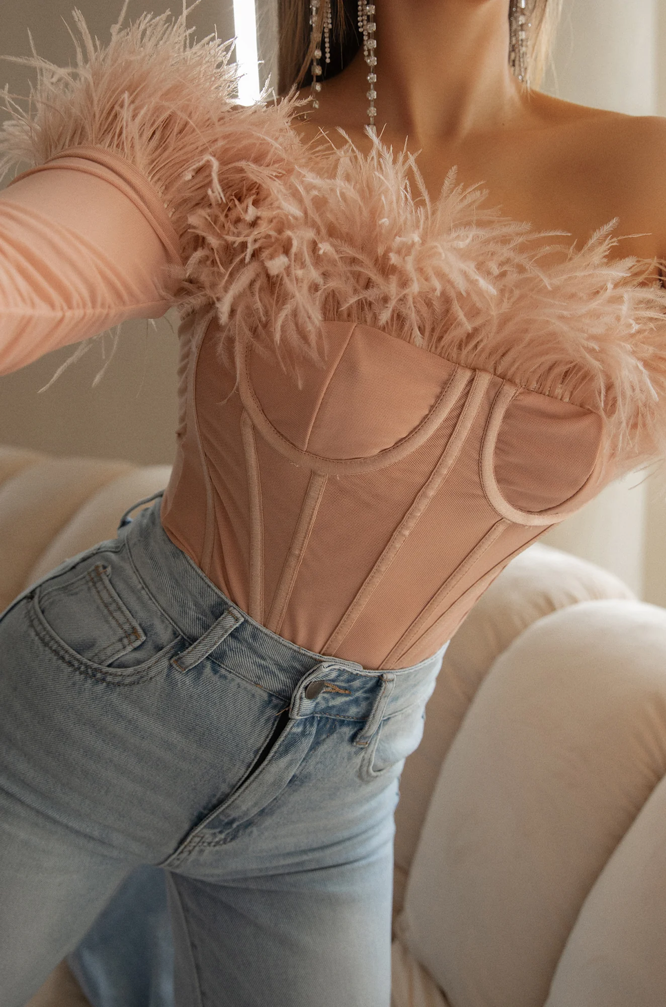 Love Attitude Off The Shoulder Faux Feather Long Sleeve Bodysuit - Nude - Image 6