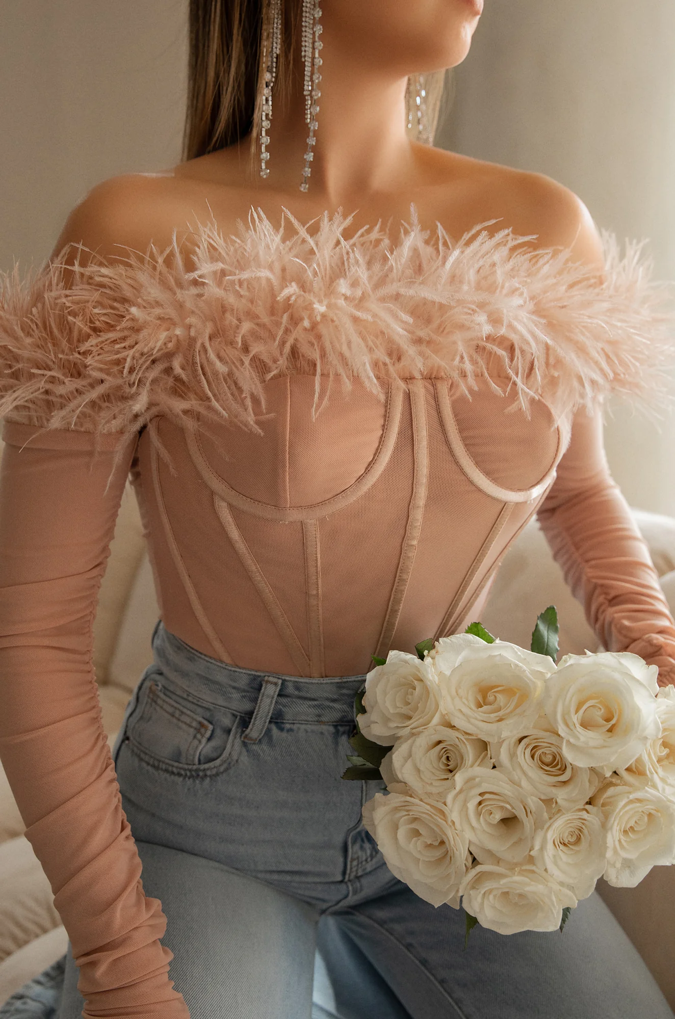 Love Attitude Off The Shoulder Faux Feather Long Sleeve Bodysuit - Nude - Image 7
