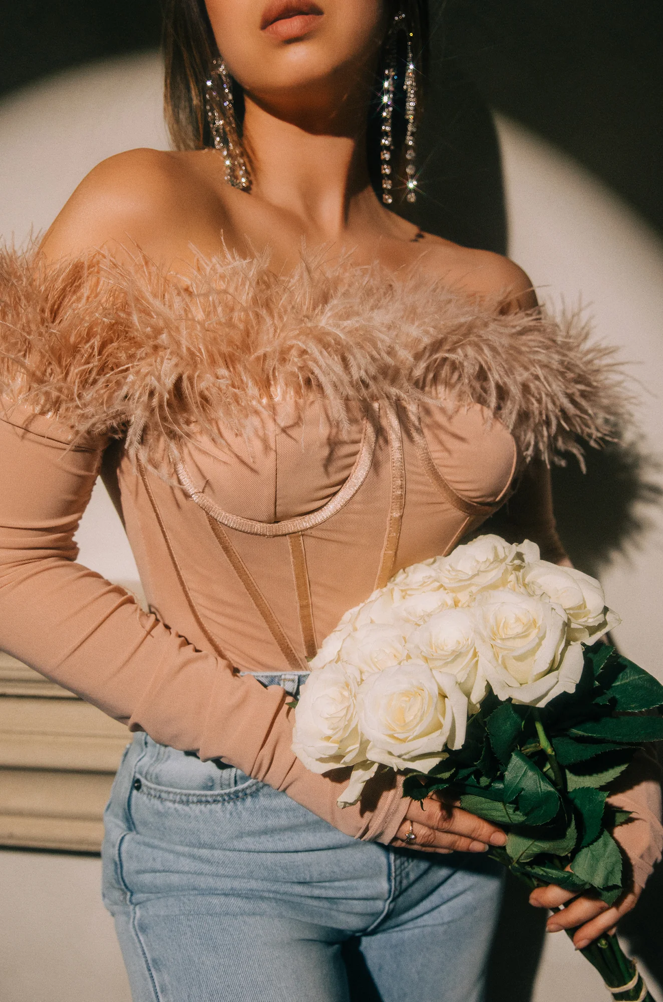 Love Attitude Off The Shoulder Faux Feather Long Sleeve Bodysuit - Nude - Image 9