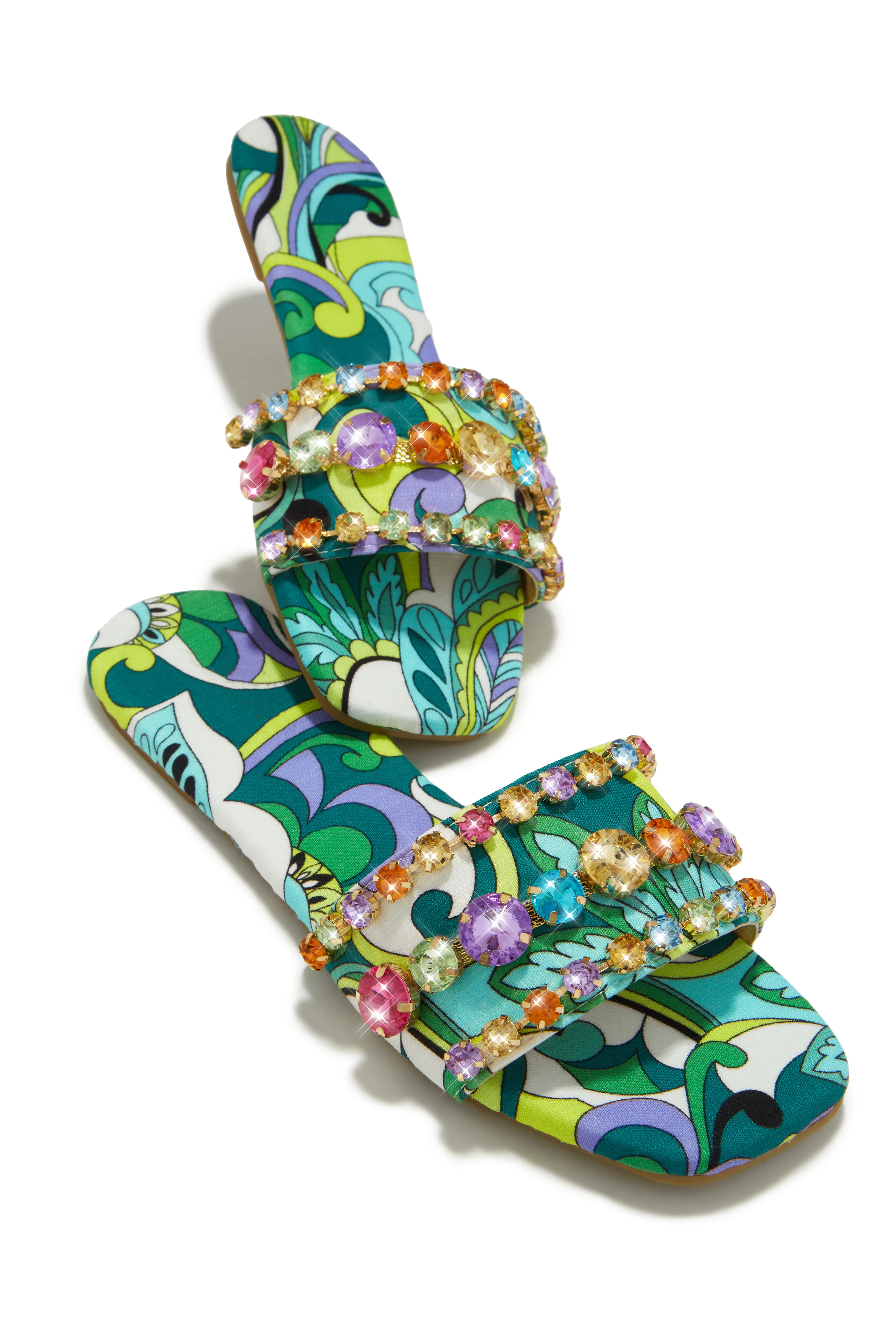 Luxe Paradise Embellished Slip On Sandals - Green - Image 5