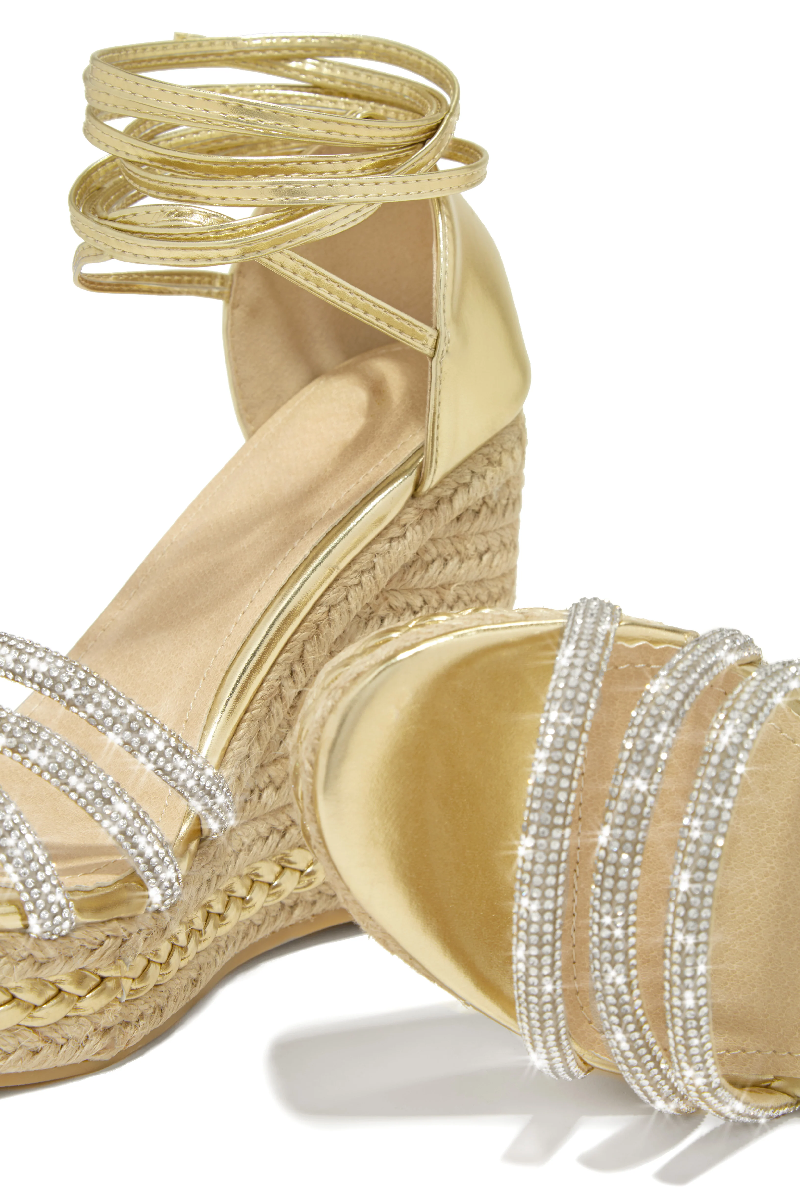 Malibu Yacht Embellished Lace Up Platform Wedges - Gold - Image 3