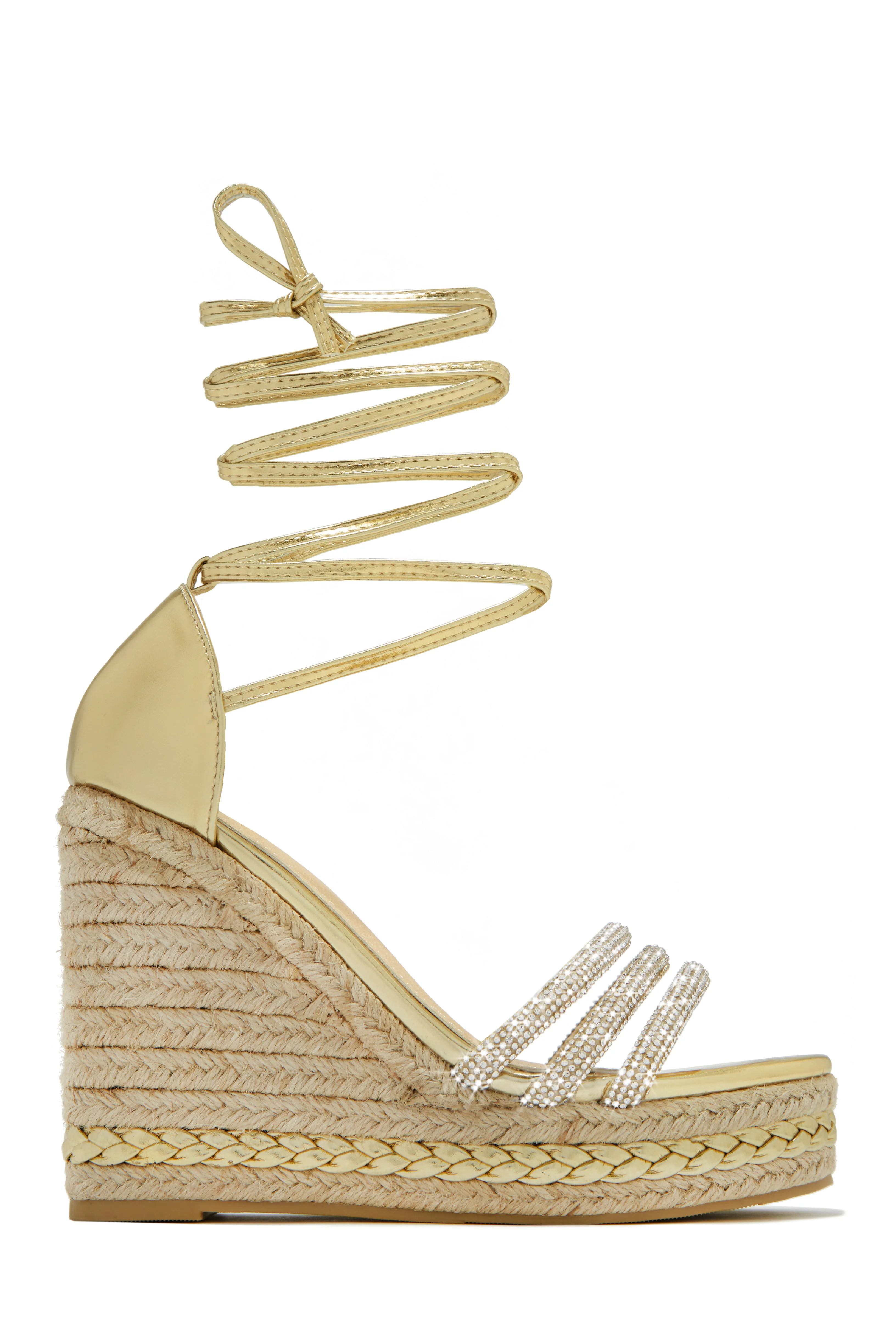 Malibu Yacht Embellished Lace Up Platform Wedges - Gold - Image 4