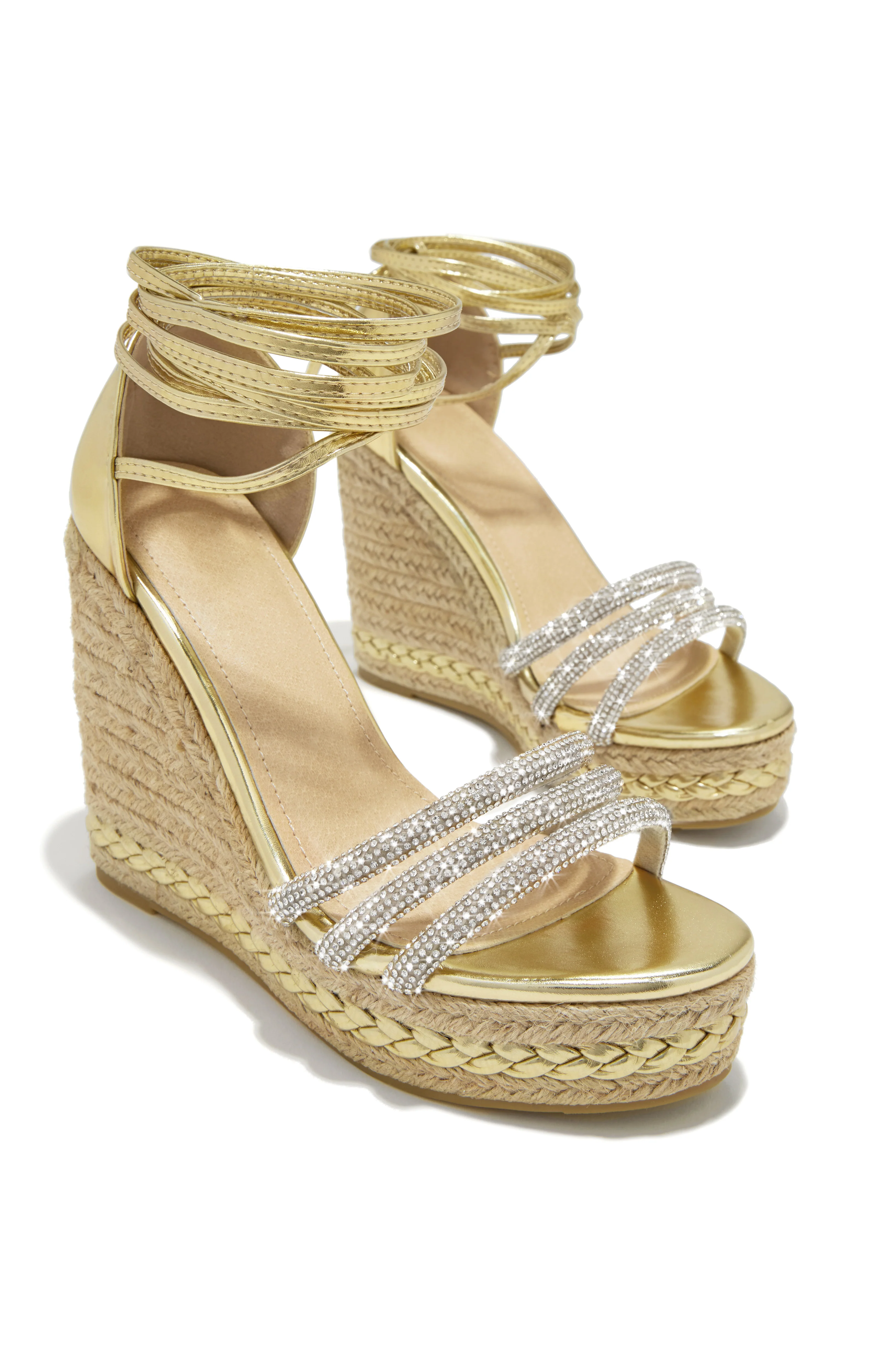 Malibu Yacht Embellished Lace Up Platform Wedges - Gold - Image 5