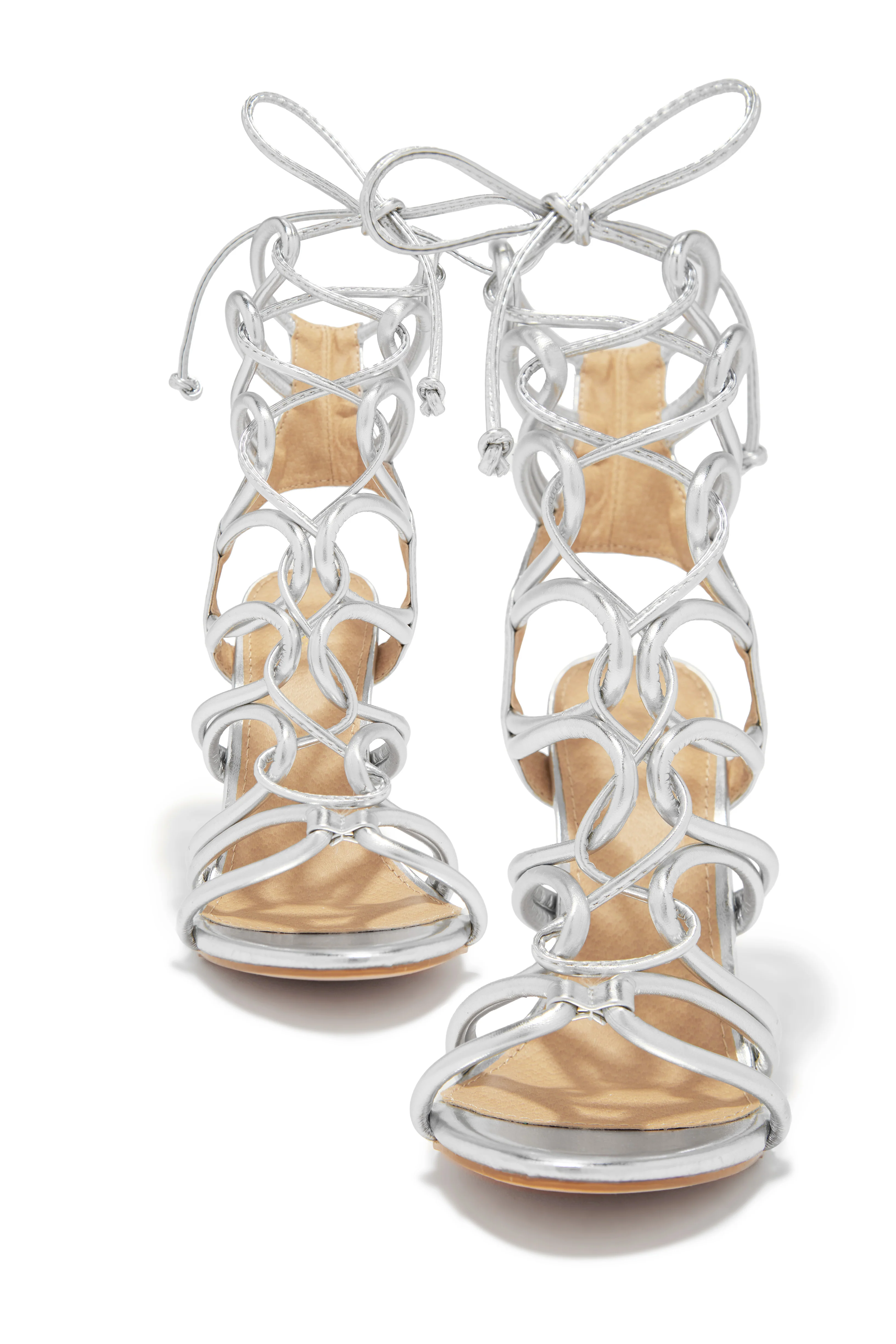 Miami Vibes Lace Up Block High Heels - Silver - Image 3