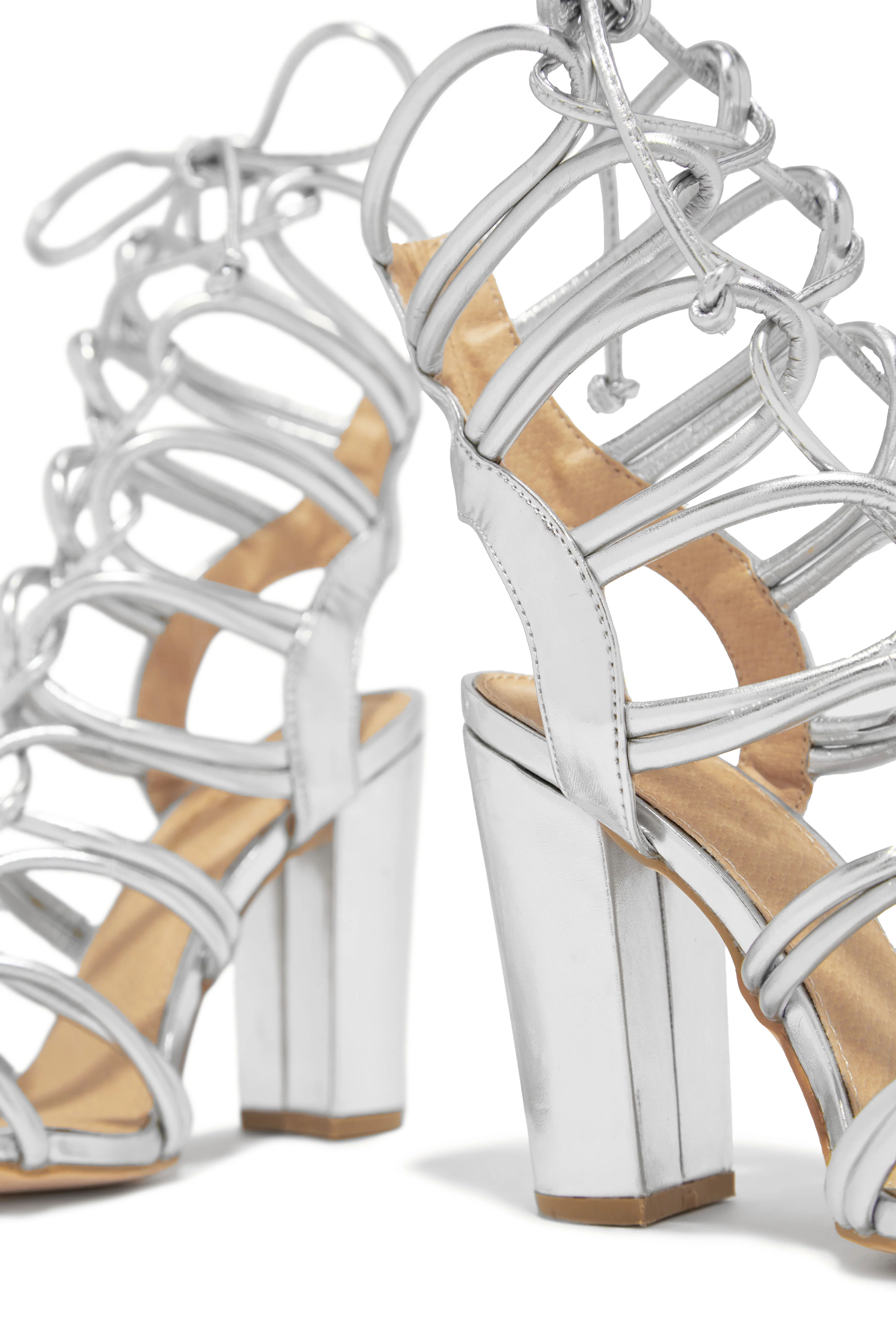 Miami Vibes Lace Up Block High Heels - Silver - Image 4