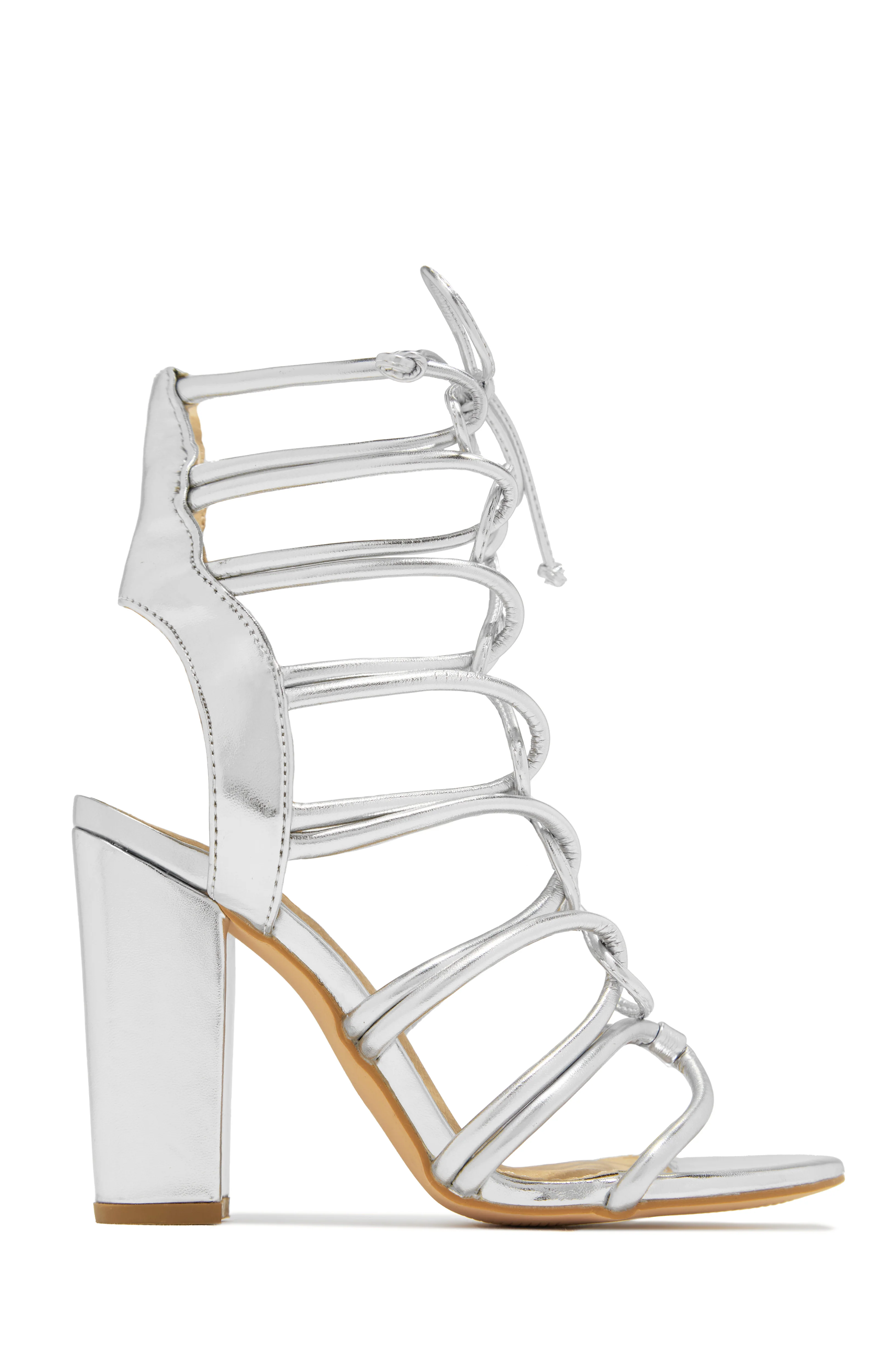 Miami Vibes Lace Up Block High Heels - Silver - Image 6