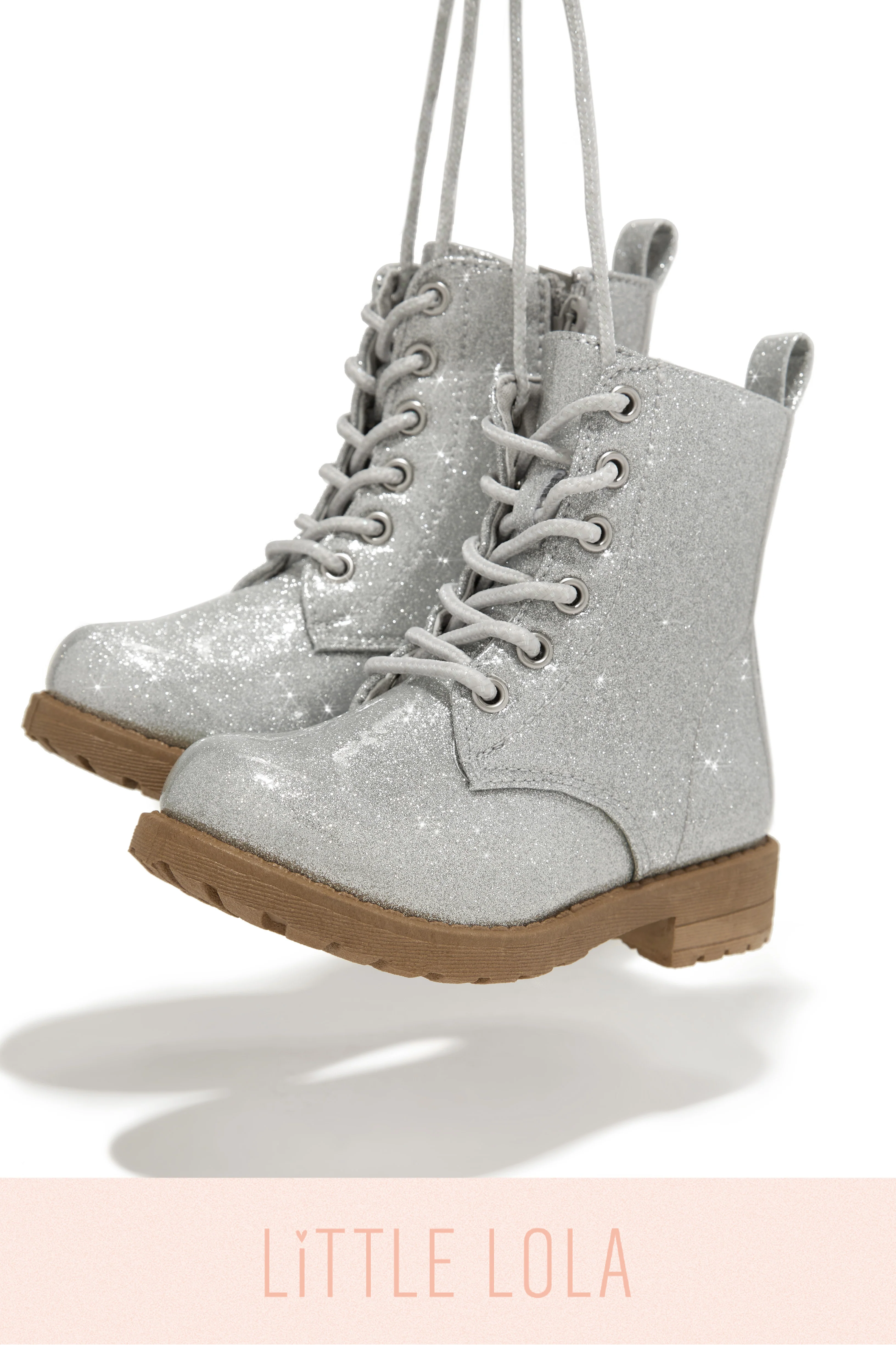 Mini Attitude Kids Glitter Lace Up Combat Boots - Silver - Image 2