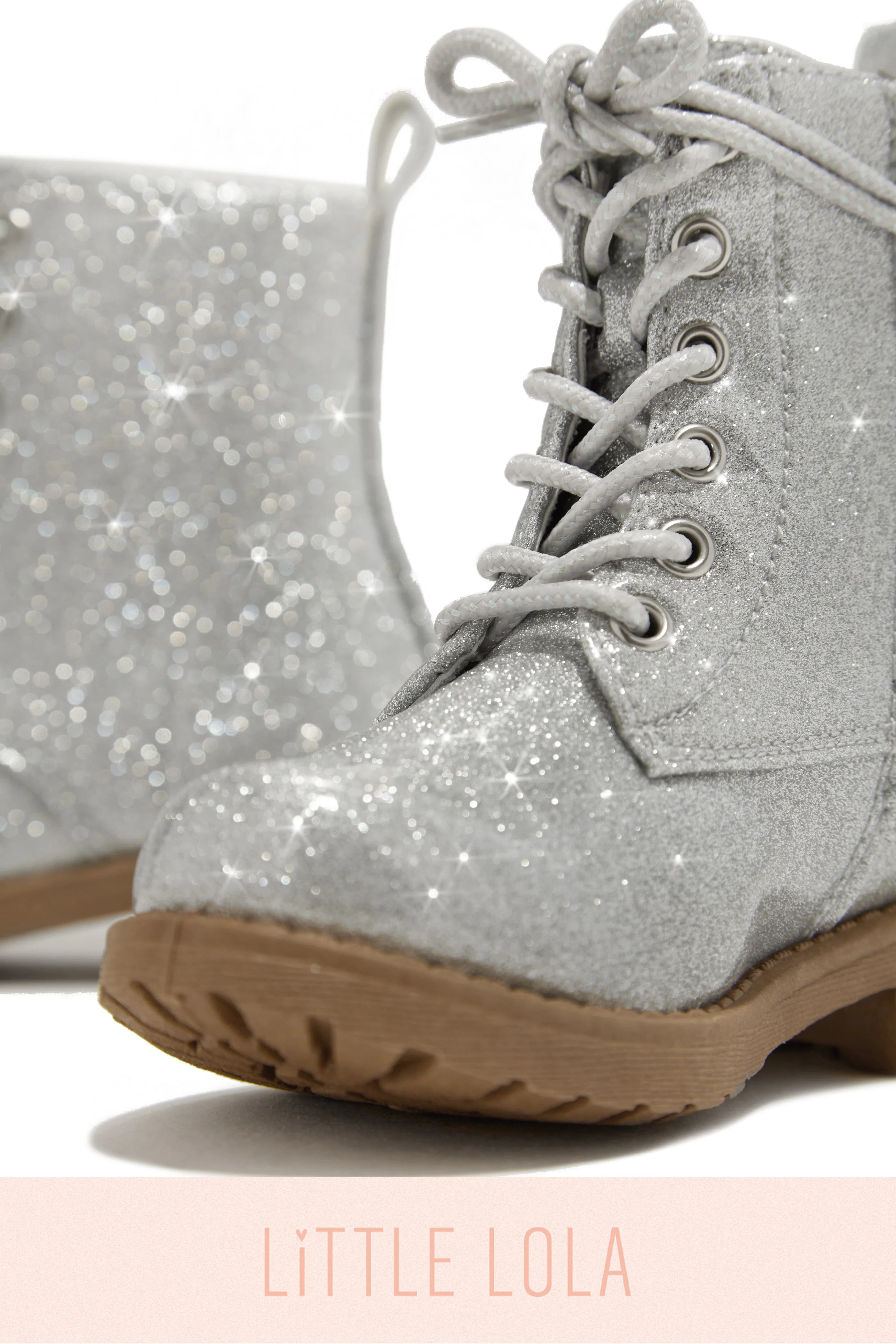 Mini Attitude Kids Glitter Lace Up Combat Boots - Silver - Image 4