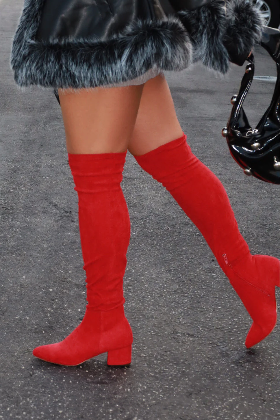 New Moon Over The Knee Block Heel Boots - Red - Image 2