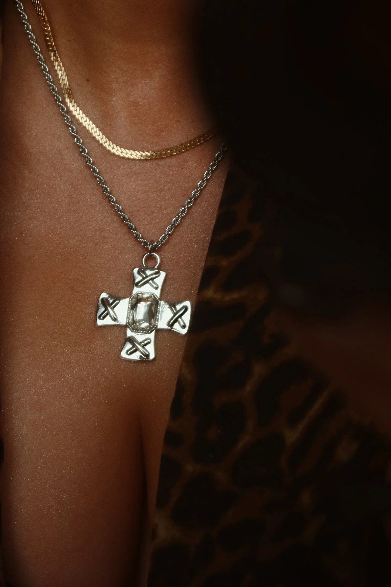 Norma Embellished Cross Necklace - Silver - Image 3