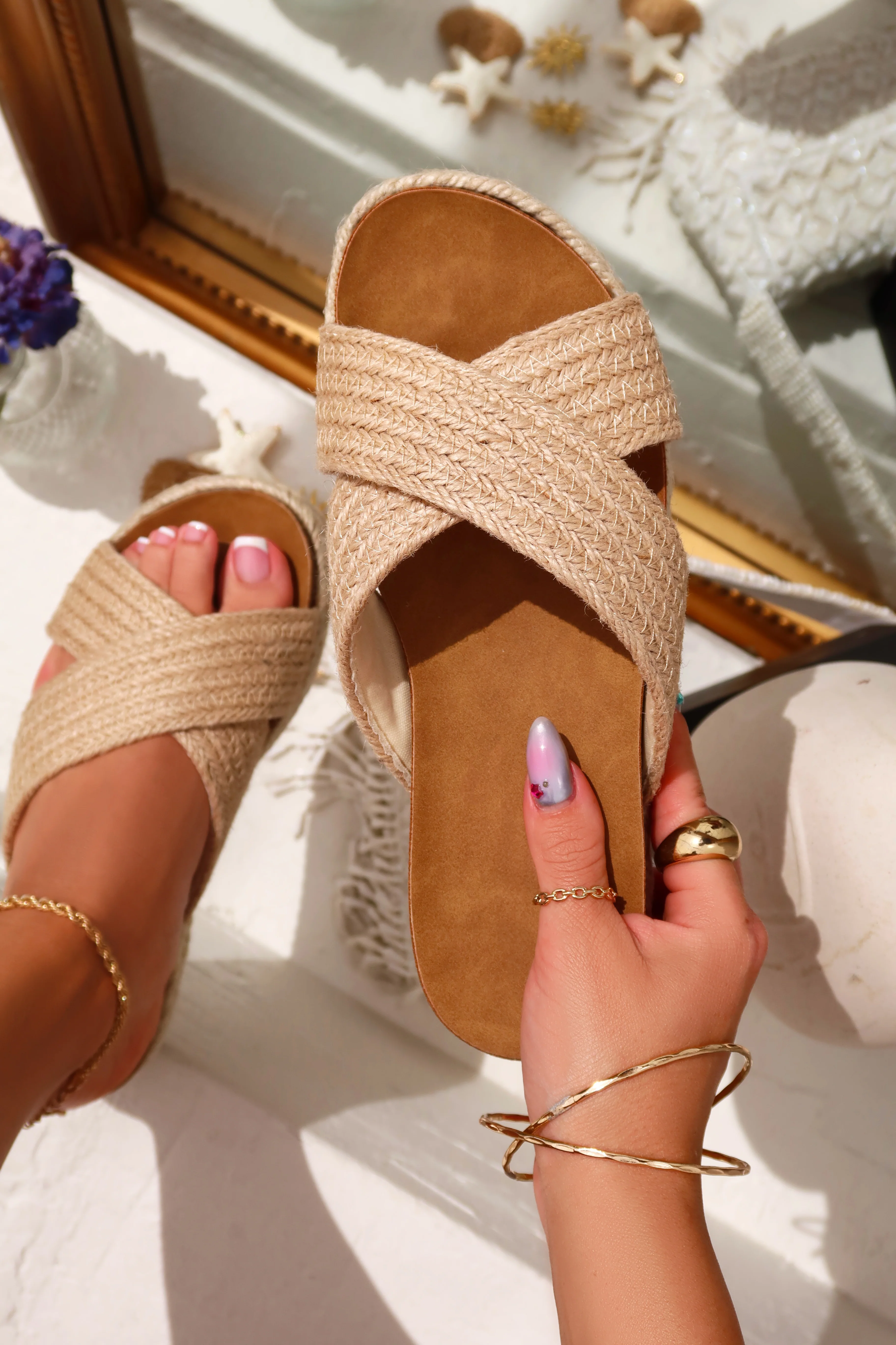 Palm Beach Raffia Platform Slip On Sandals - Natural - Image 2