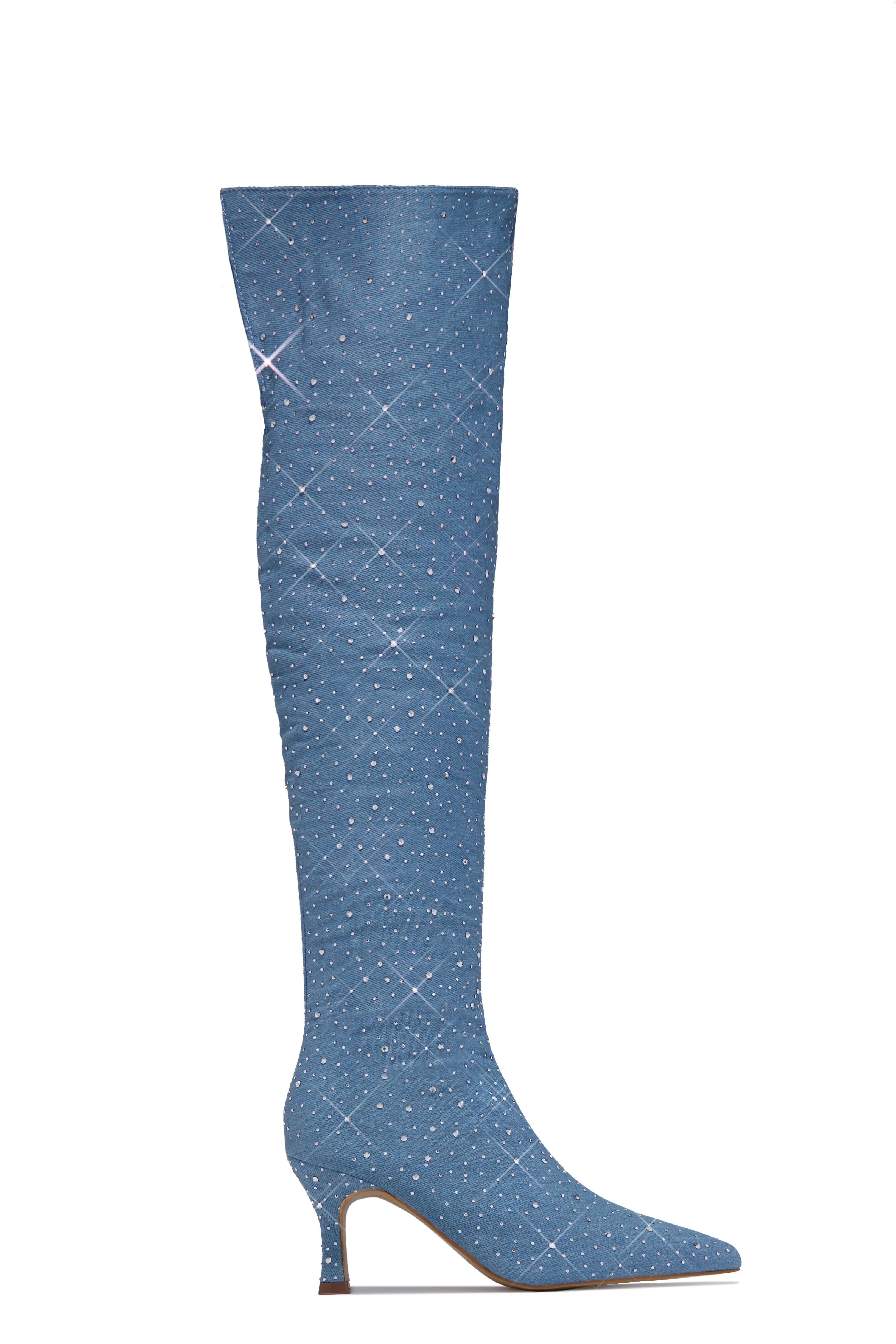 Shine Bright Embellished Over The Knee Heel Boots - Denim - Image 6