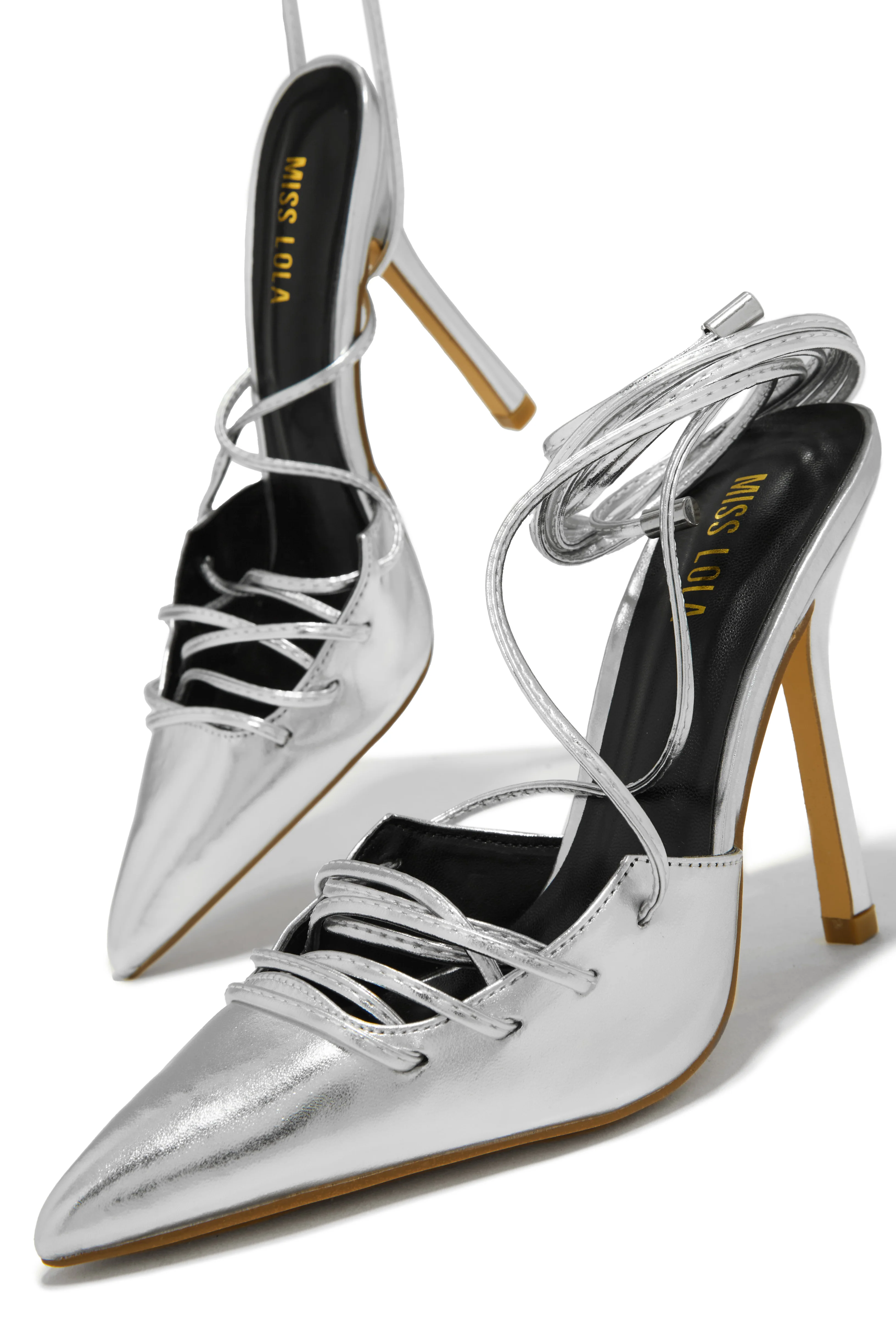 Simone Lace Up High Heel Pumps - Silver - Image 3